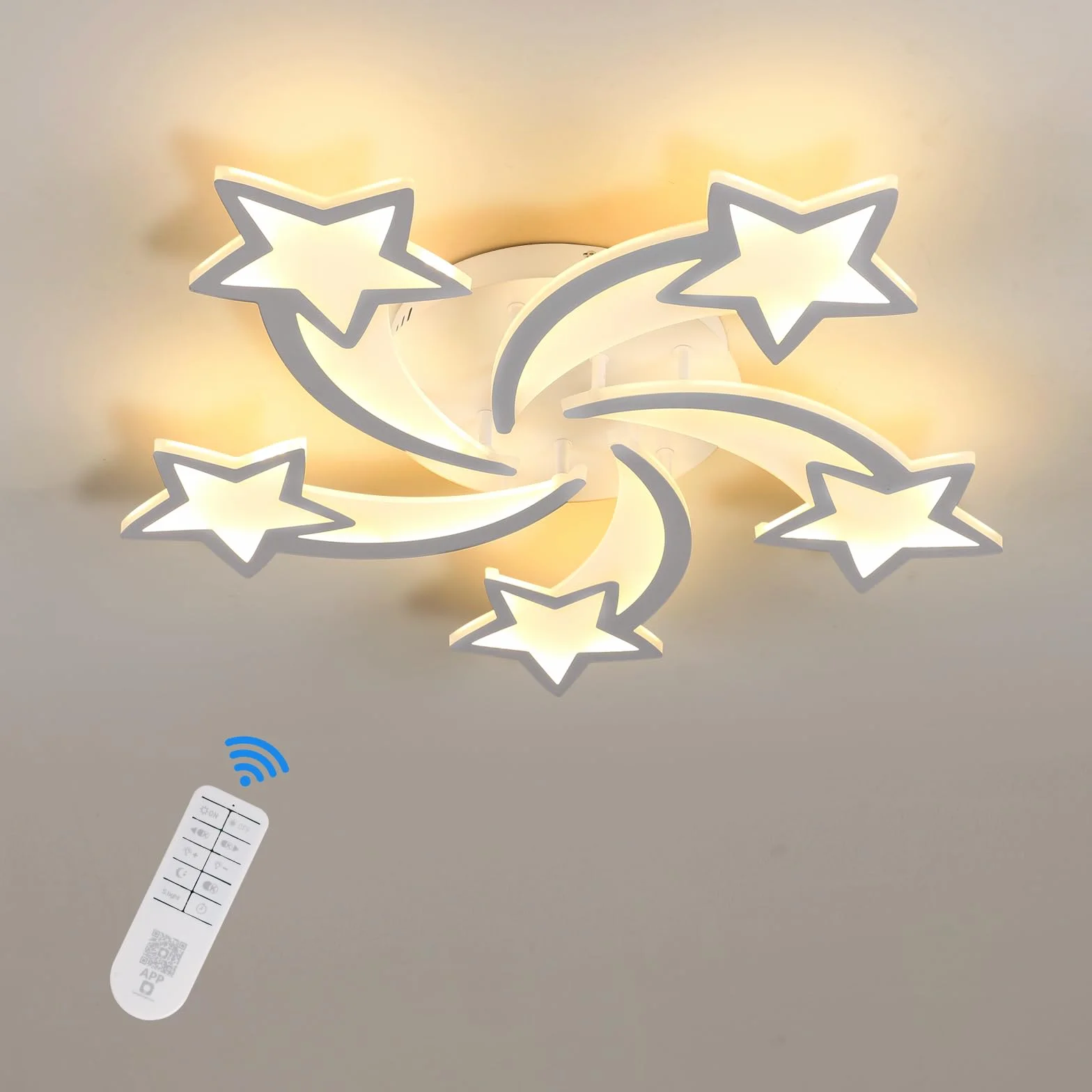 Riserva Ściemnialna lampa sufitowa LED, 50W 6000LM Nowoczesna lampa sufitowa z pilotem/APP, 3000-6500K Φ70cm, Akrylowy żyrandol w kształcie 5 gwiazdek do sypialni, salonu