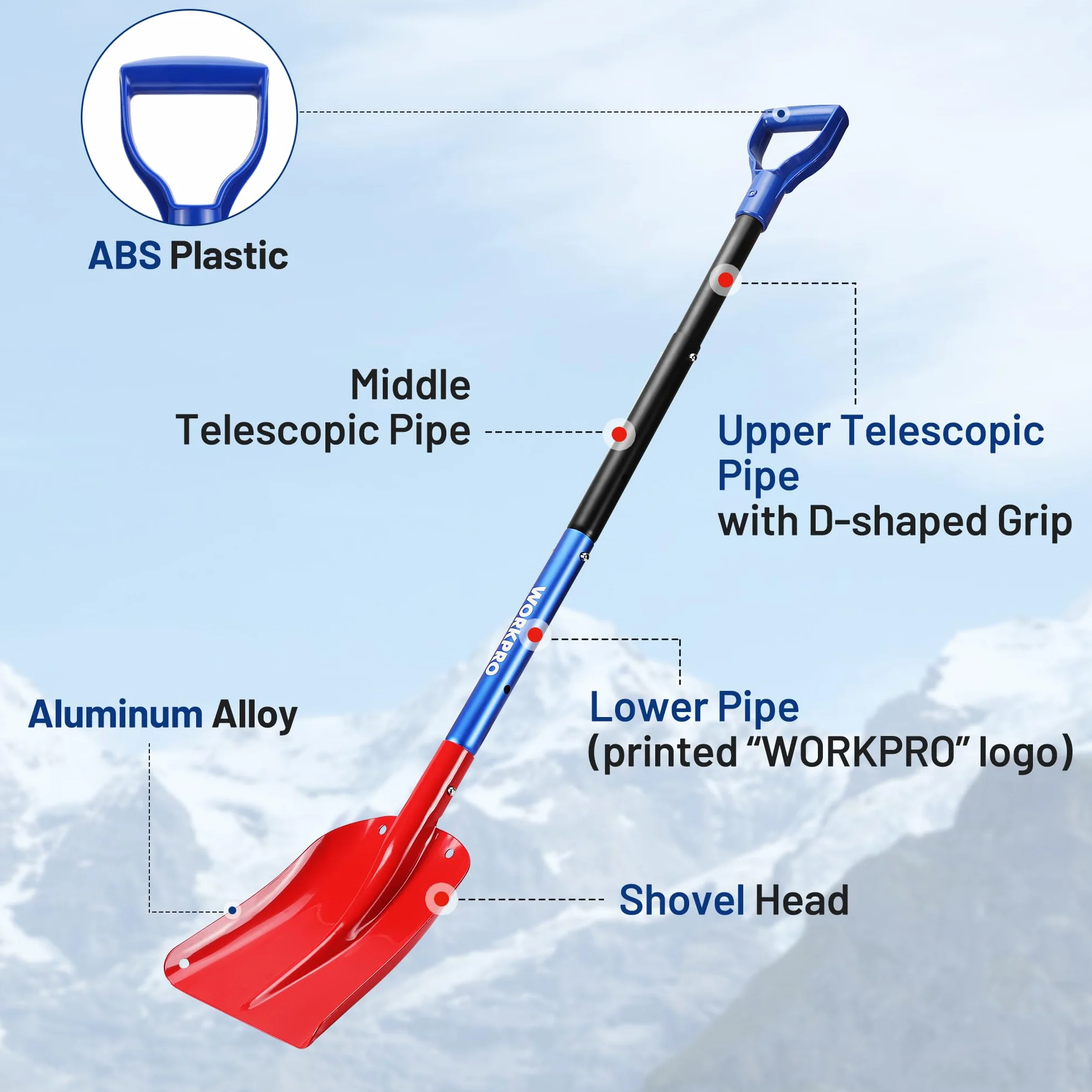 WORKPRO Aluminiowa Łopata Do Śniegu Składana Teleskopowa 65,5–120 Cm z Torbą