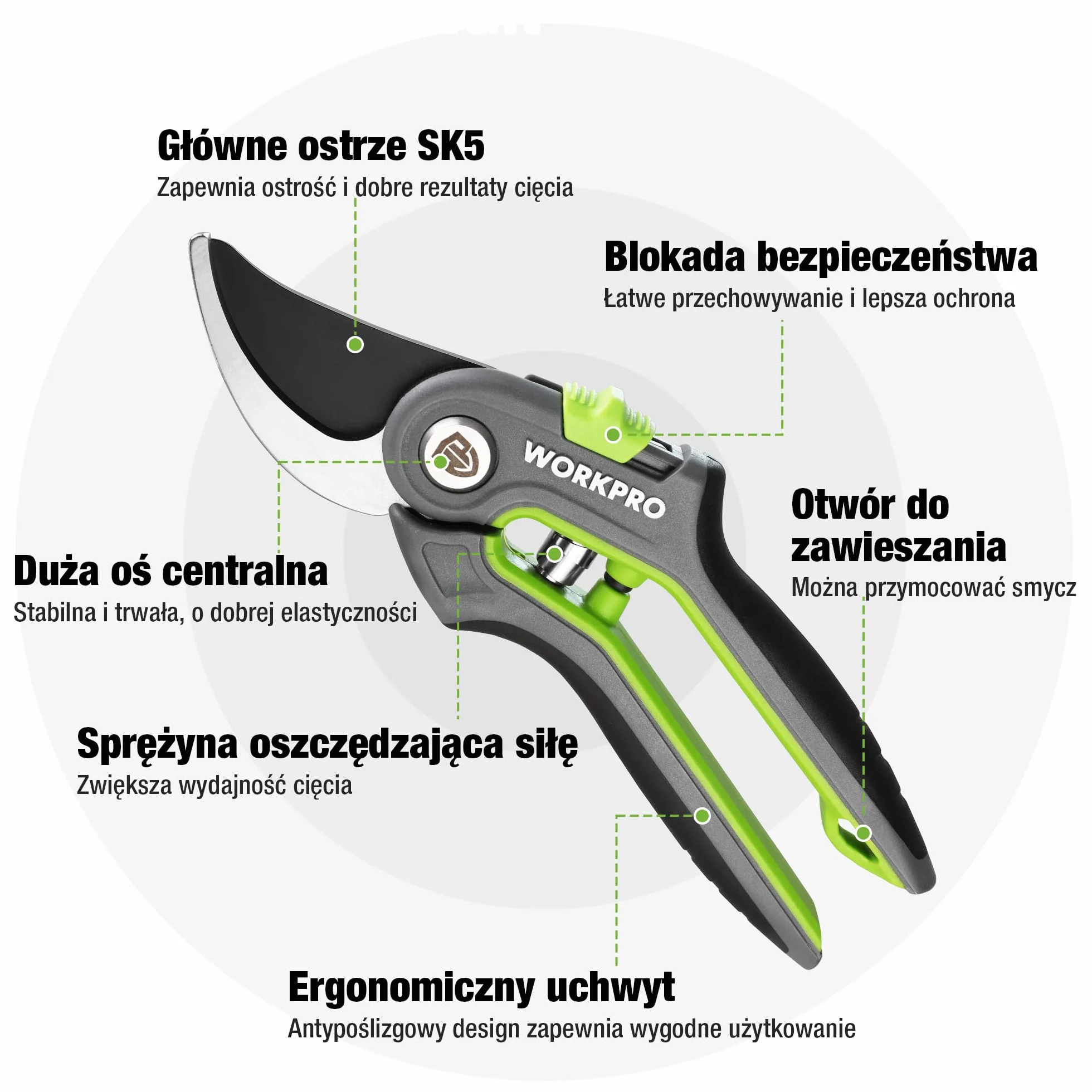WORKPRO SK5 Bypass 2-Częściowy Zestaw Narzędzi Ogrodowych, Sekator 210 mm, Nożyce 160 mm