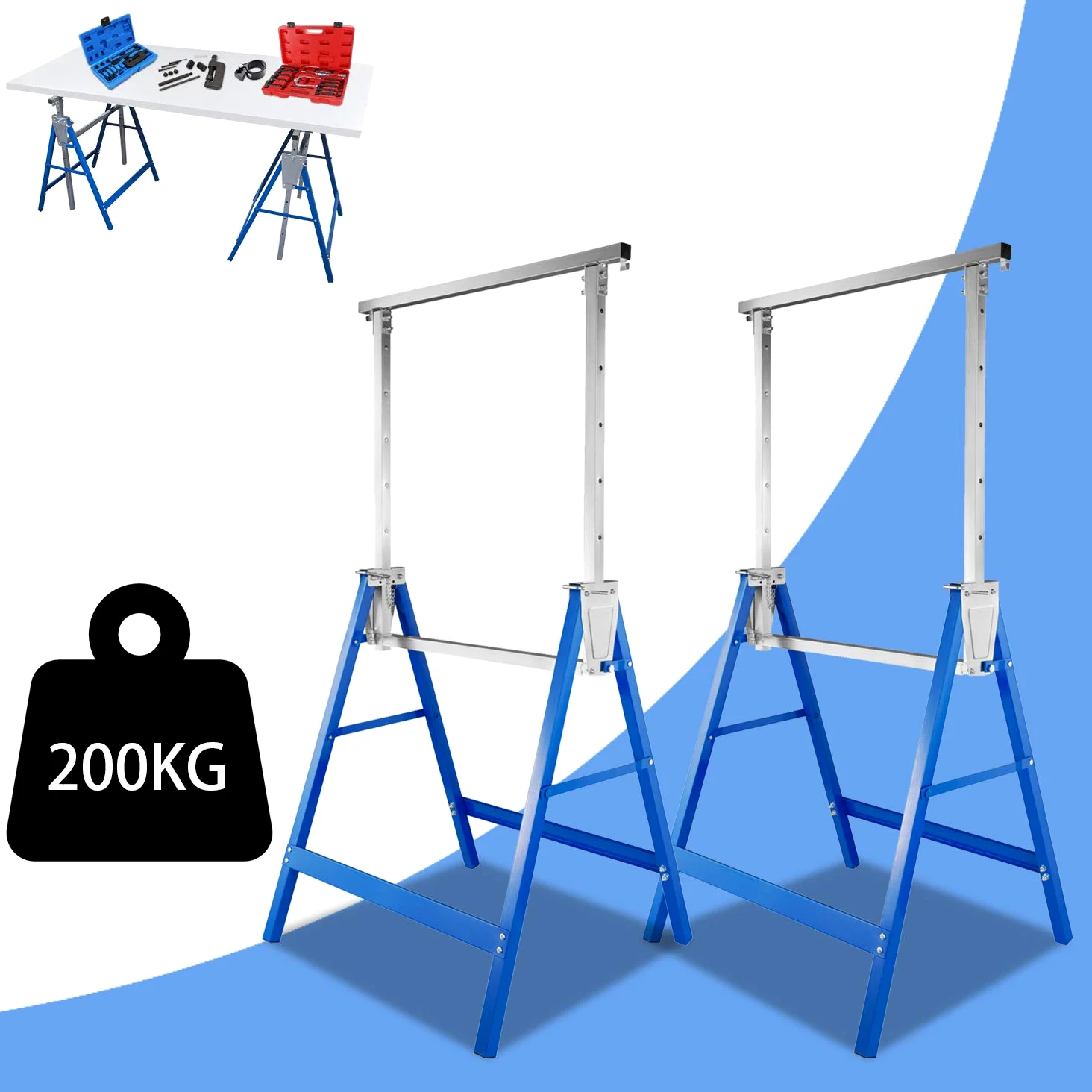Herrselsam Kozioł roboczy do rusztowania, zestaw 4 szt., składany kozioł składany, 7-stopniowa regulacja wysokości 80-130 cm, stabilny kozioł rusztowania, nośność 200 kg, metalowy stelaż, niebieski