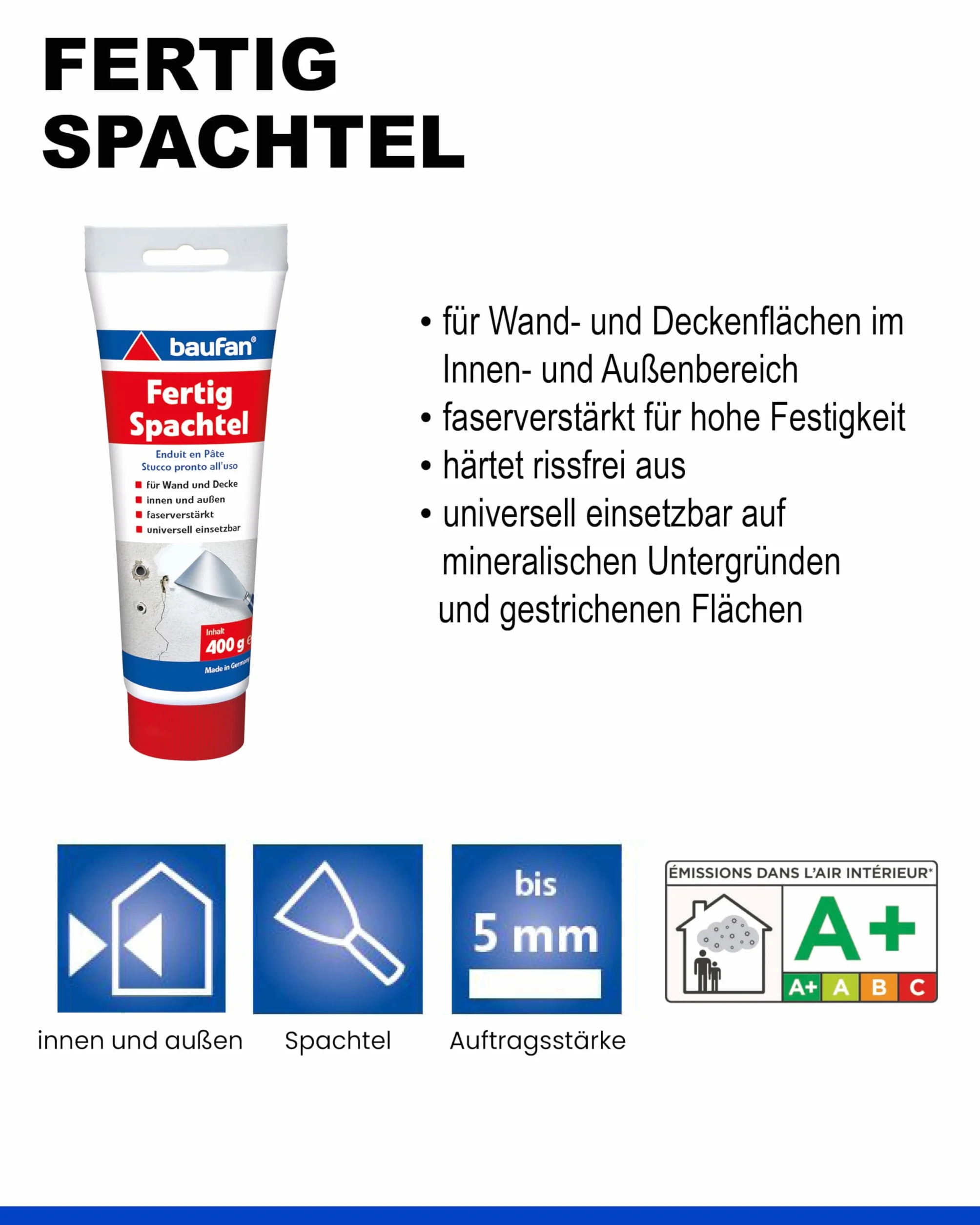 Baufan 4016220000000 33306008 Gotowa Masa Szpachlowa, Biały, 400 g