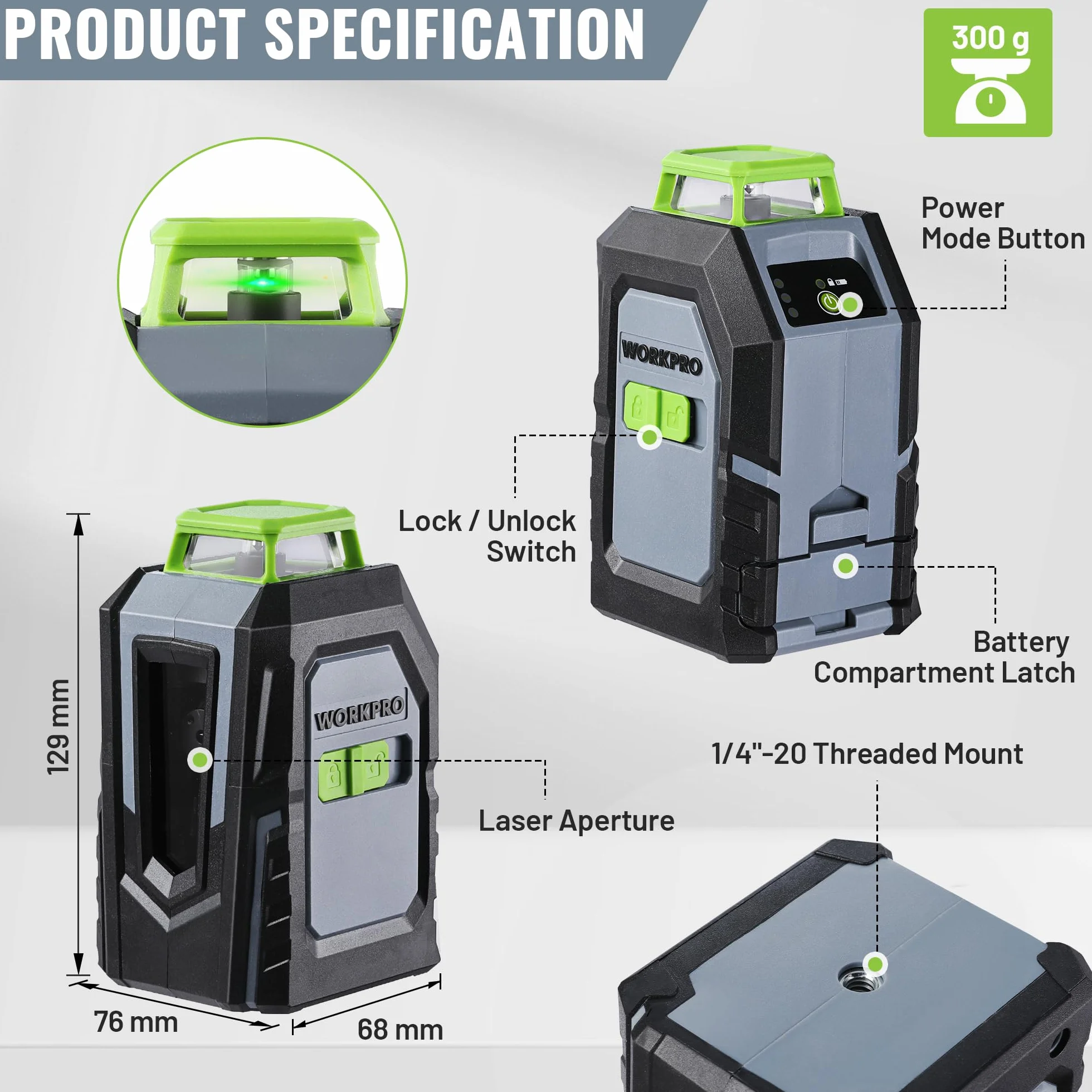 WORKPRO Poziomica Laserowa 360° z Statywem, Zielony Laser Krzyżowy 30 m, Tryb Poziomy/Pionowy/Krzyżowy, Automatyczne Poziomowanie, Idealna Do Placów Budowy