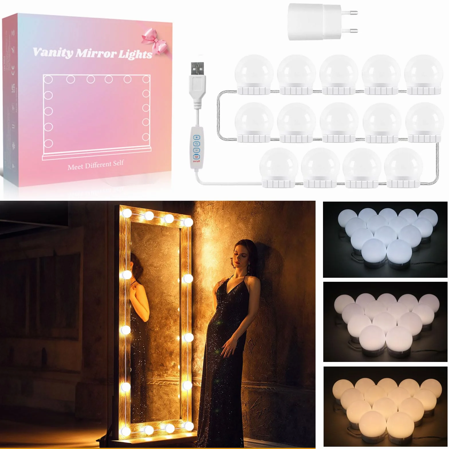 Akynite oświetlenie do lustra toaletkowego z adapterem, lustra LED USB do lustra Hollywood z kablem, 3 kolory i 10 poziomów jasności, 14 ściemnianych żarówek LED na długie lustro, oświetlenie DIY do
