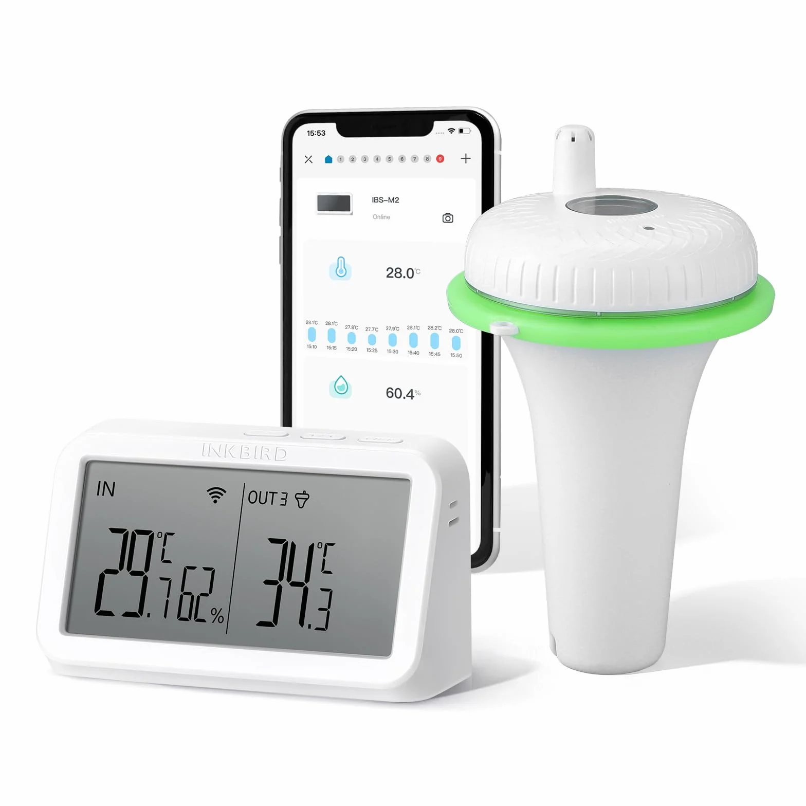 Inkbird IBS-P02R thermometer Basen z IBS-M2 Bramka WiFi, bediening via telefoonapp, 9-kanaals monitoring, digitale zwembadthermometer voor zwembaden, hot tubs, spa's en kleine vijvers