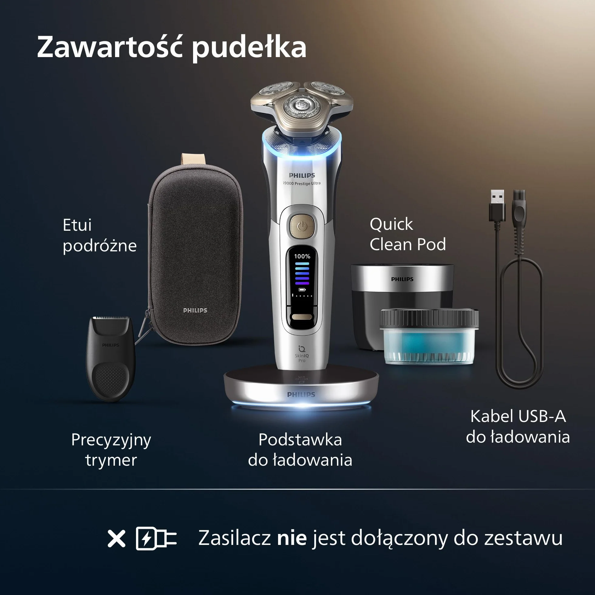 Philips Shaver i9000 Prestige Ultra, golarka elektryczna do golenia na sucho i mokro z technologią Skin IQ Pro, System Triple Lift & Cut, obrotowe 360º ostrza, 5 trybów golenia, Model XP9404/31