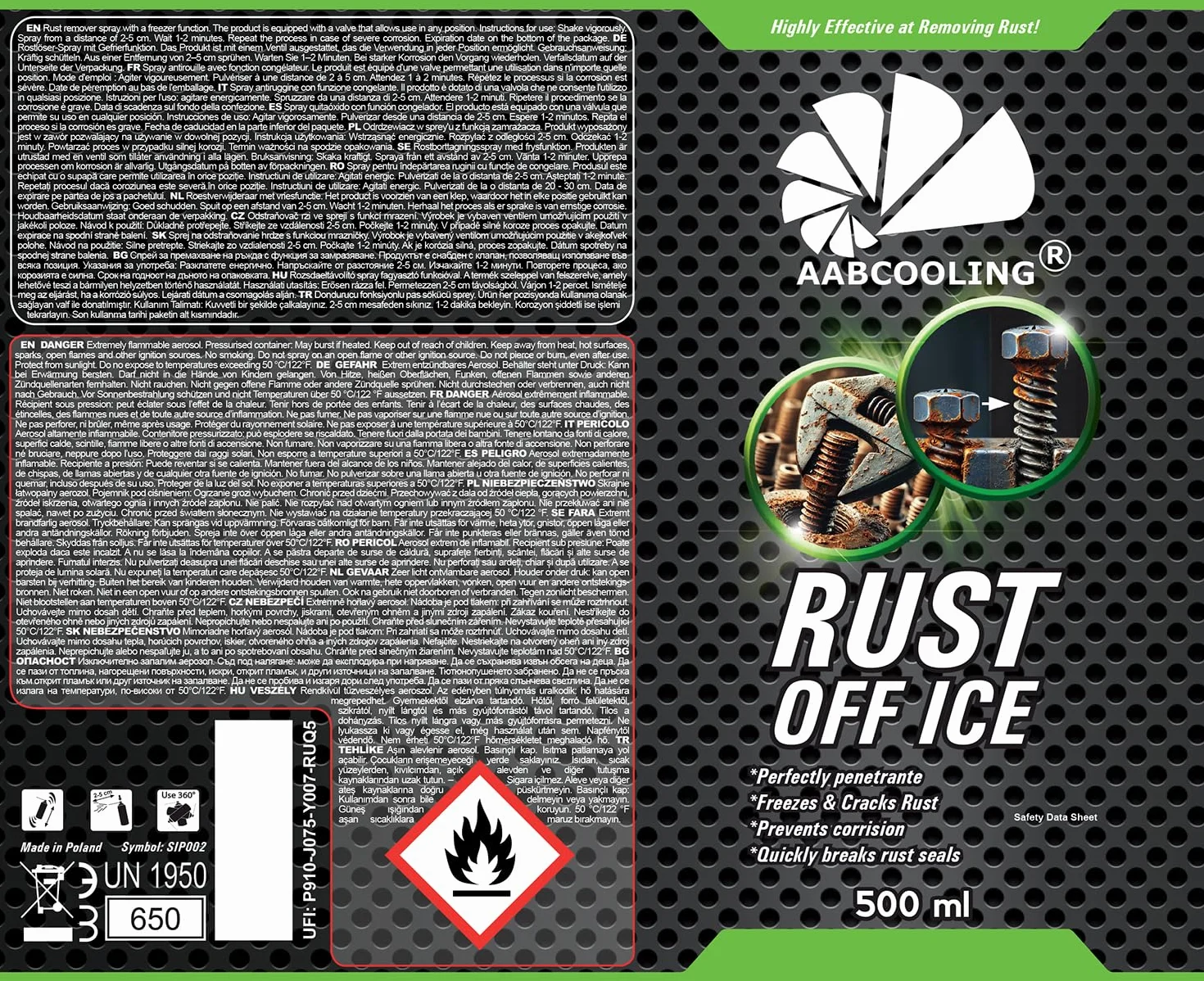 AABCOOLING 1x 500ml Rust Off Ice - Odrdzewiacz Zamrażacz -40°C, Penetracja zardzewiałych połączeń, Samochód, Narzędzia, Maszyny, Inhibitor Neutralizator Rdzy, Środek do usuwania rdzy, Spray, Ochrona