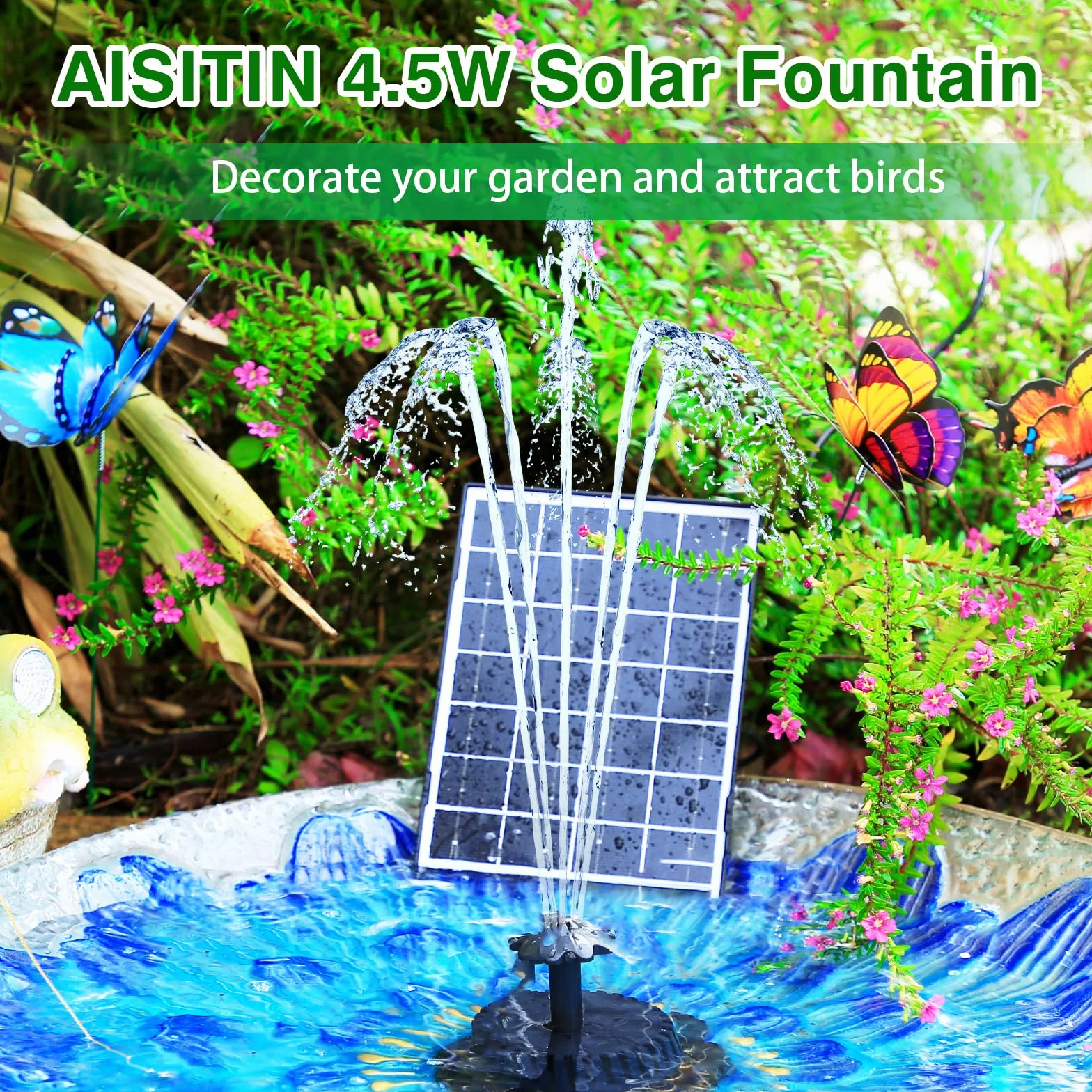 AISITIN Solarna pompa wodna 4,5 W szklany panel fontanna z 4 dyszami do ogrodu