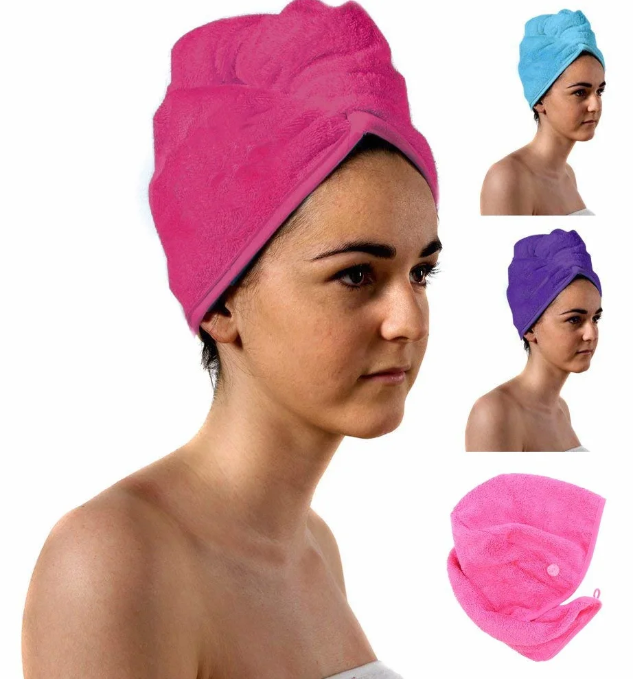 aztex Luksusowy ręcznik turban do włosów, ręcznik do owijania głowy, ręcznik do suszenia włosów z pętlą i zapięciem na guziki, luksusowy chłonny i lekki bawełna, wiele kolorów, 64 x 23 cm - różowy