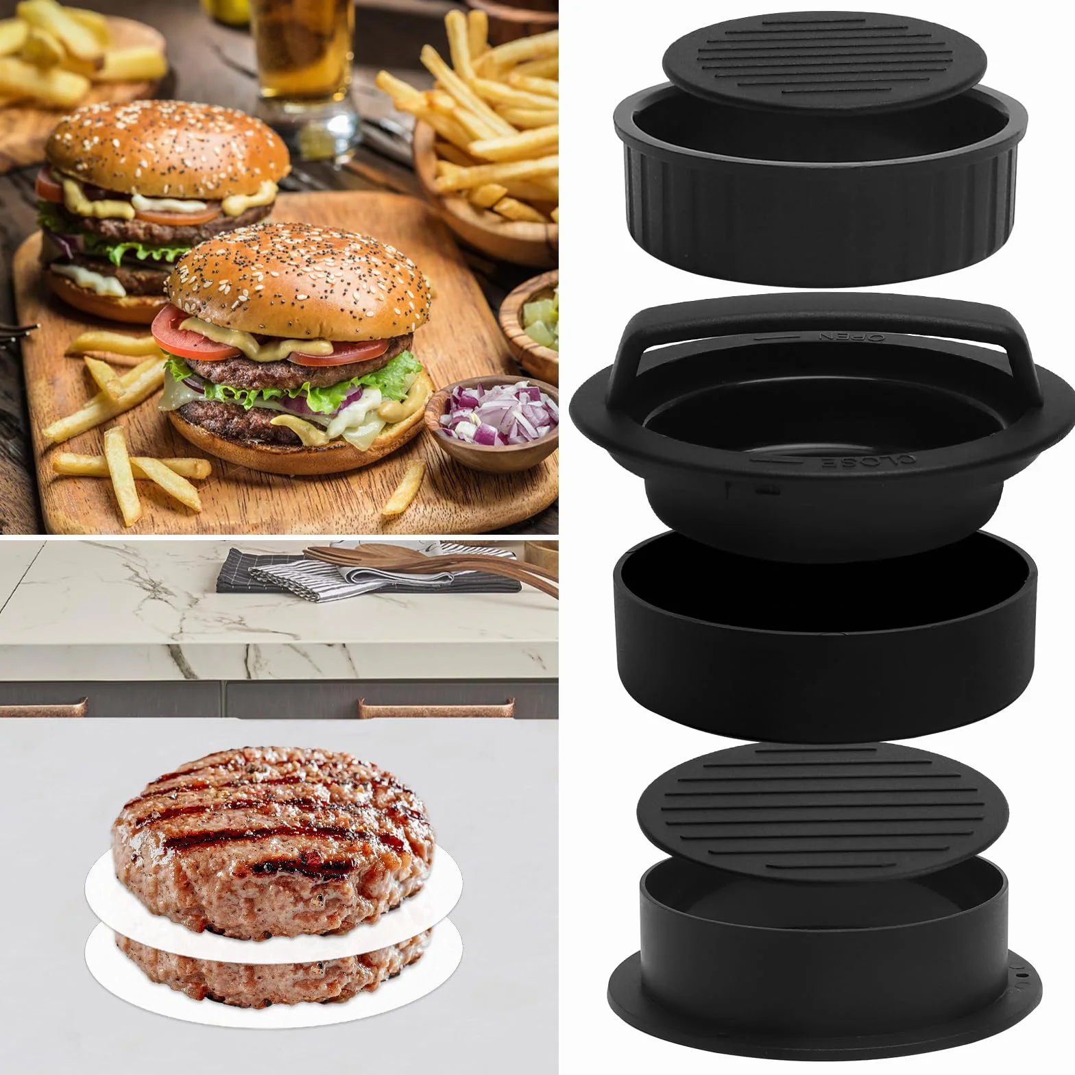 Zestaw pras do hamburgerów 3w1 Patty Maker, prasa do kotletów i kulek ryżowych, 100 papierów antyprzywierających