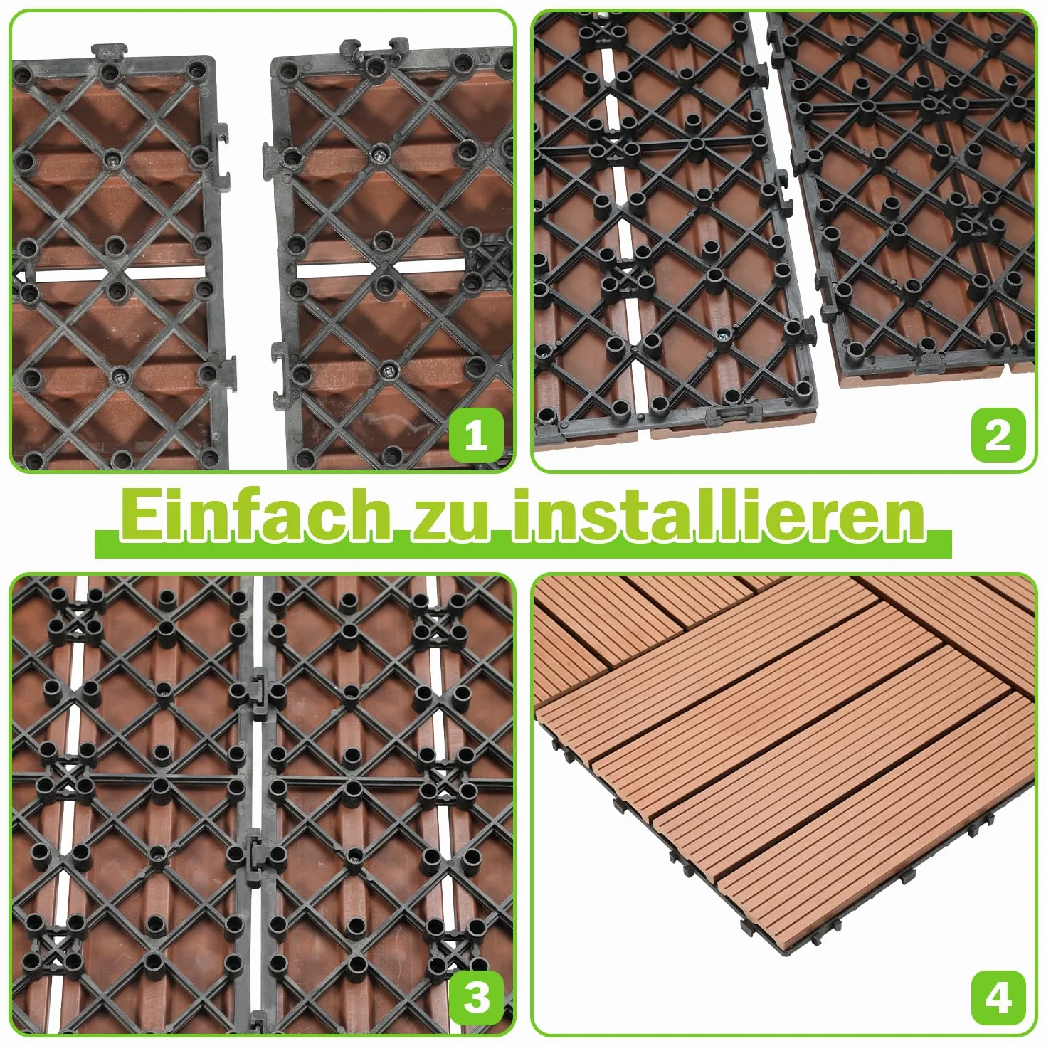 Płytki tarasowe z WPC, 30 x 30 cm, płytki drewniane, zestaw 55 sztuk na 5 m², płytki balkonowe o wyglądzie drewna, wykładzina podłogowa z systemem zatrzaskowym, wodoodporne, na balkon i taras