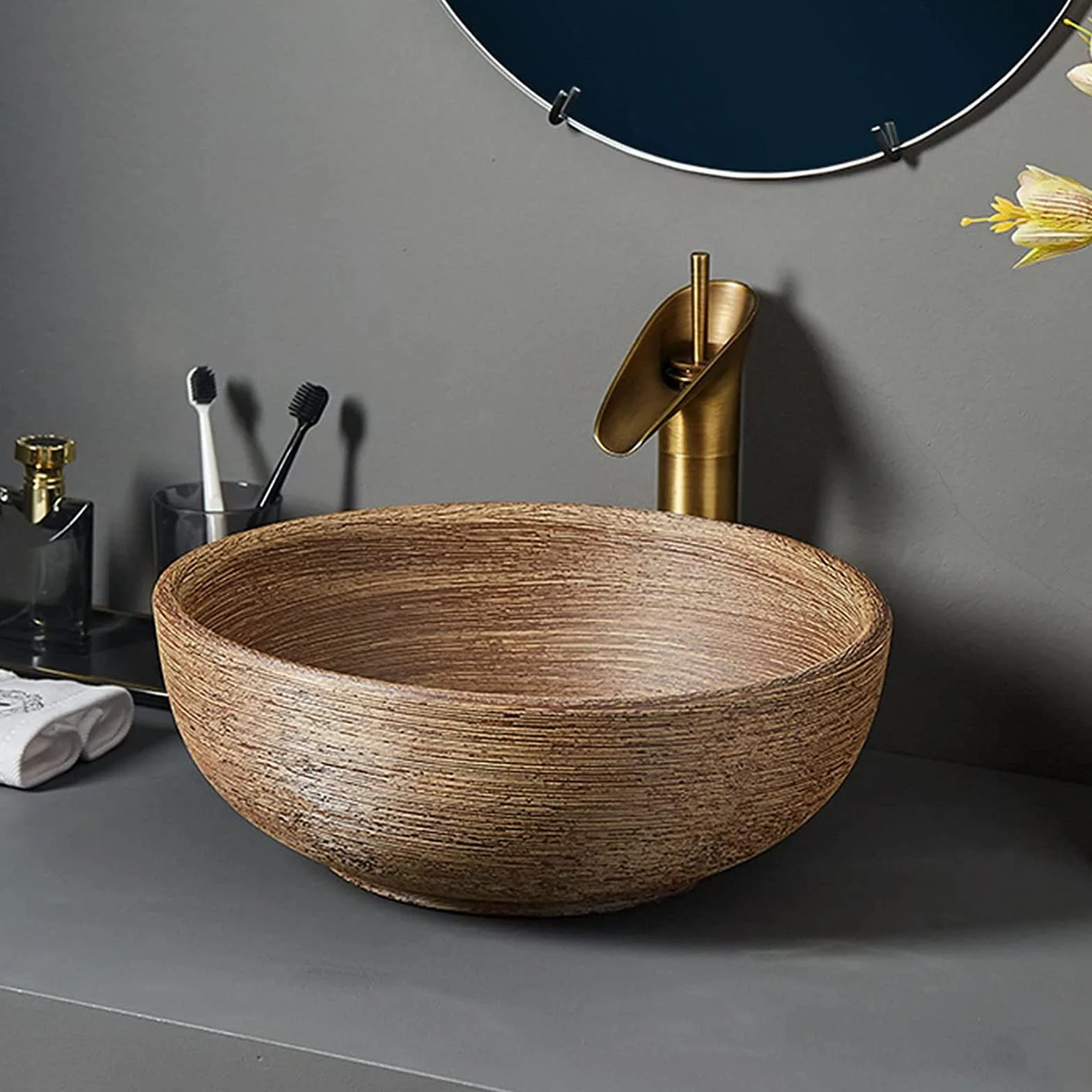 Umywalka ceramiczna nablatowa, umywalki nablatowe, okrągła miska umywalkowa z odpływem, umywalka Art Basin do szafki łazienkowej