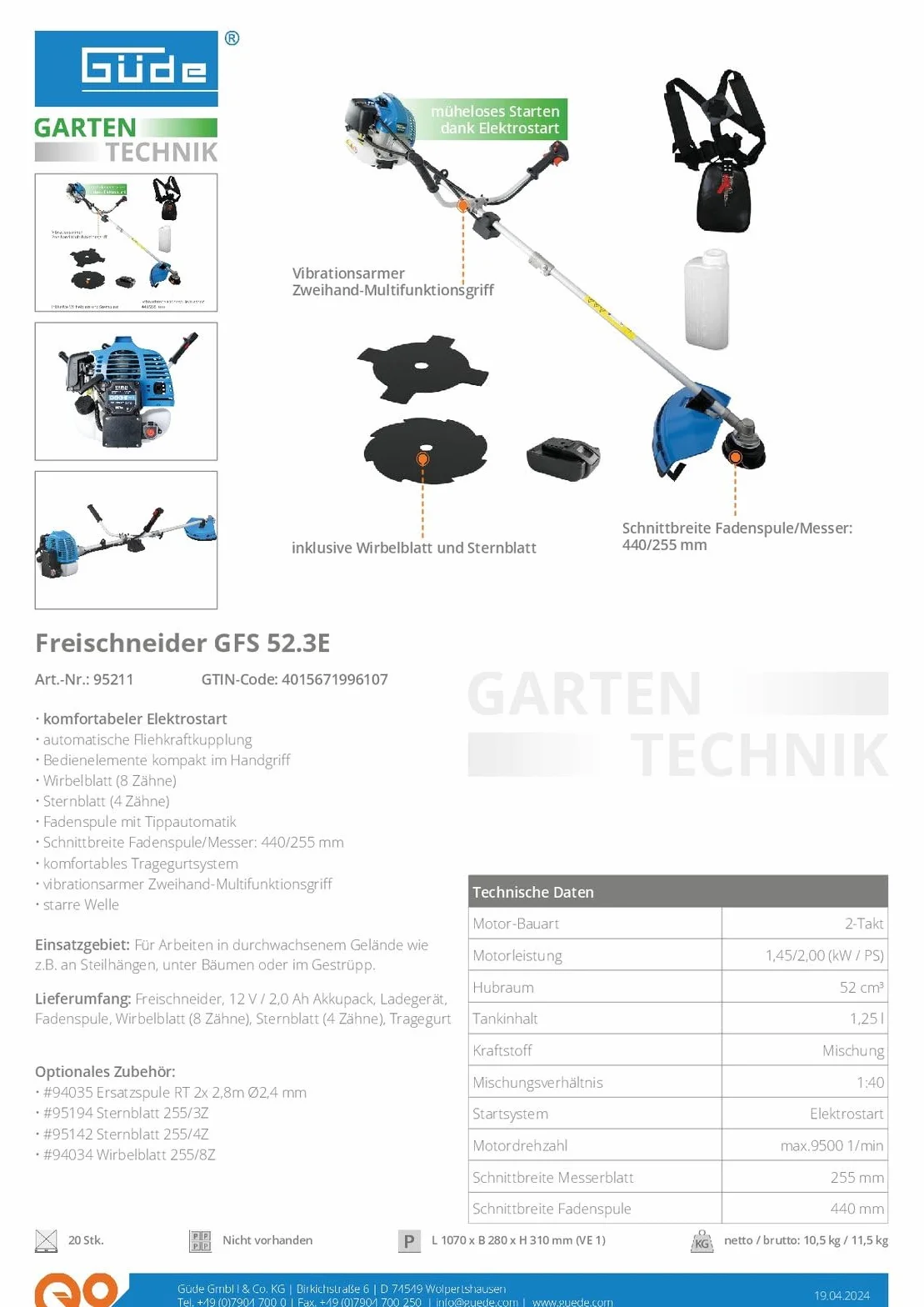 Güde Podkaszarka GFS 52.3E 52 cm³ 1,45 kW 44 cm szerokość cięcia rozruch elektryczny