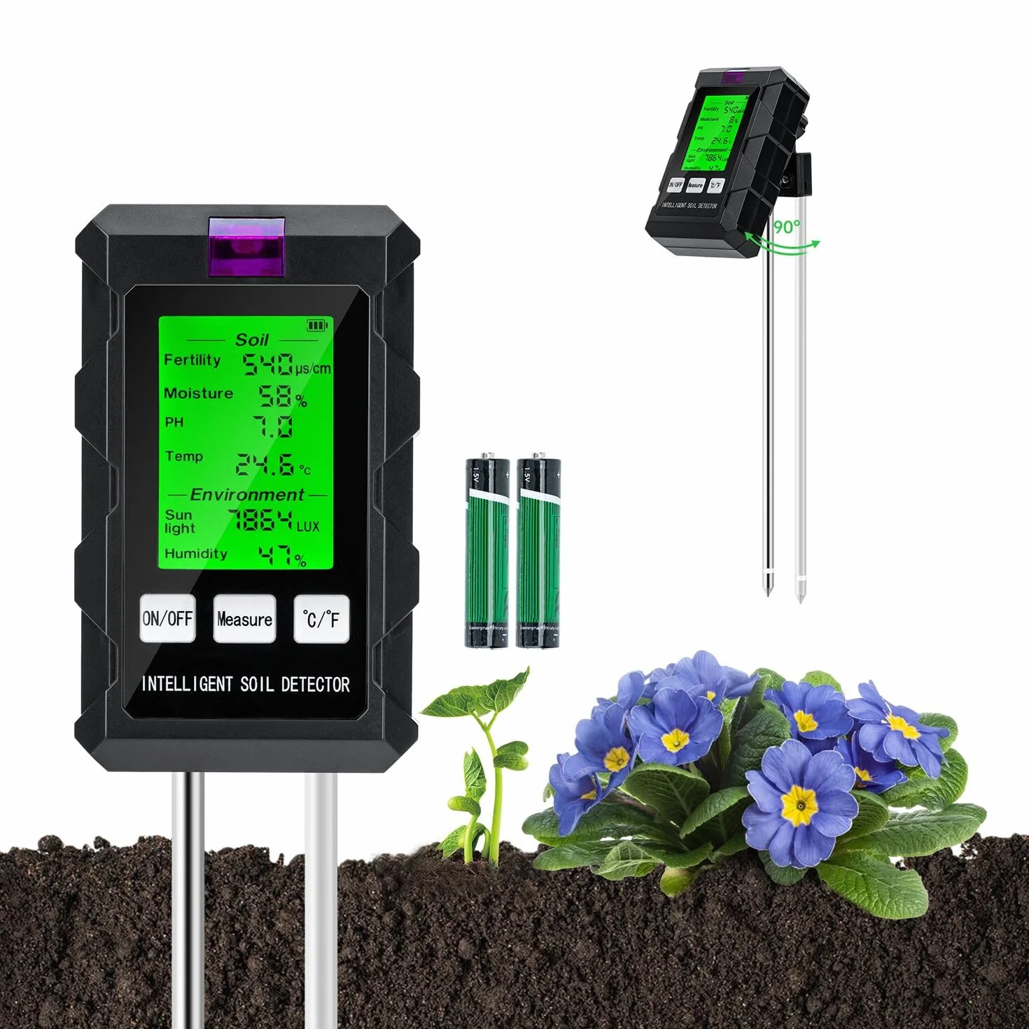 Mcbazel Tester gleby, wielofunkcyjny tester gleby 6 w 1 pH/temperatura/płodność/natężenie światła / wilgotność otoczenia, miernik wilgotności powietrza do roślin trawnikowych/roślin