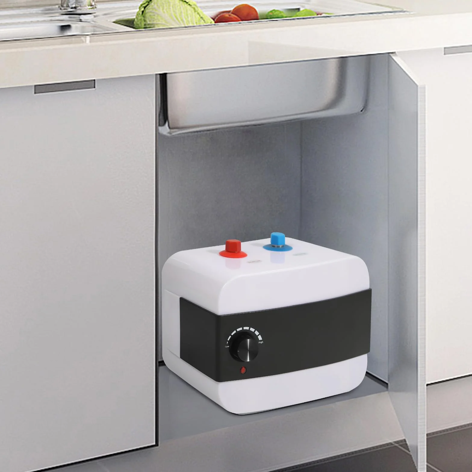 MINRS Elektroniczny podgrzewacz wody 6 l, mini podgrzewacz przepływowy 1500 W, 220 V, prysznic z regulacją temperatury 30-65°C, różne zabezpieczenia do kuchni, domu, łazienki