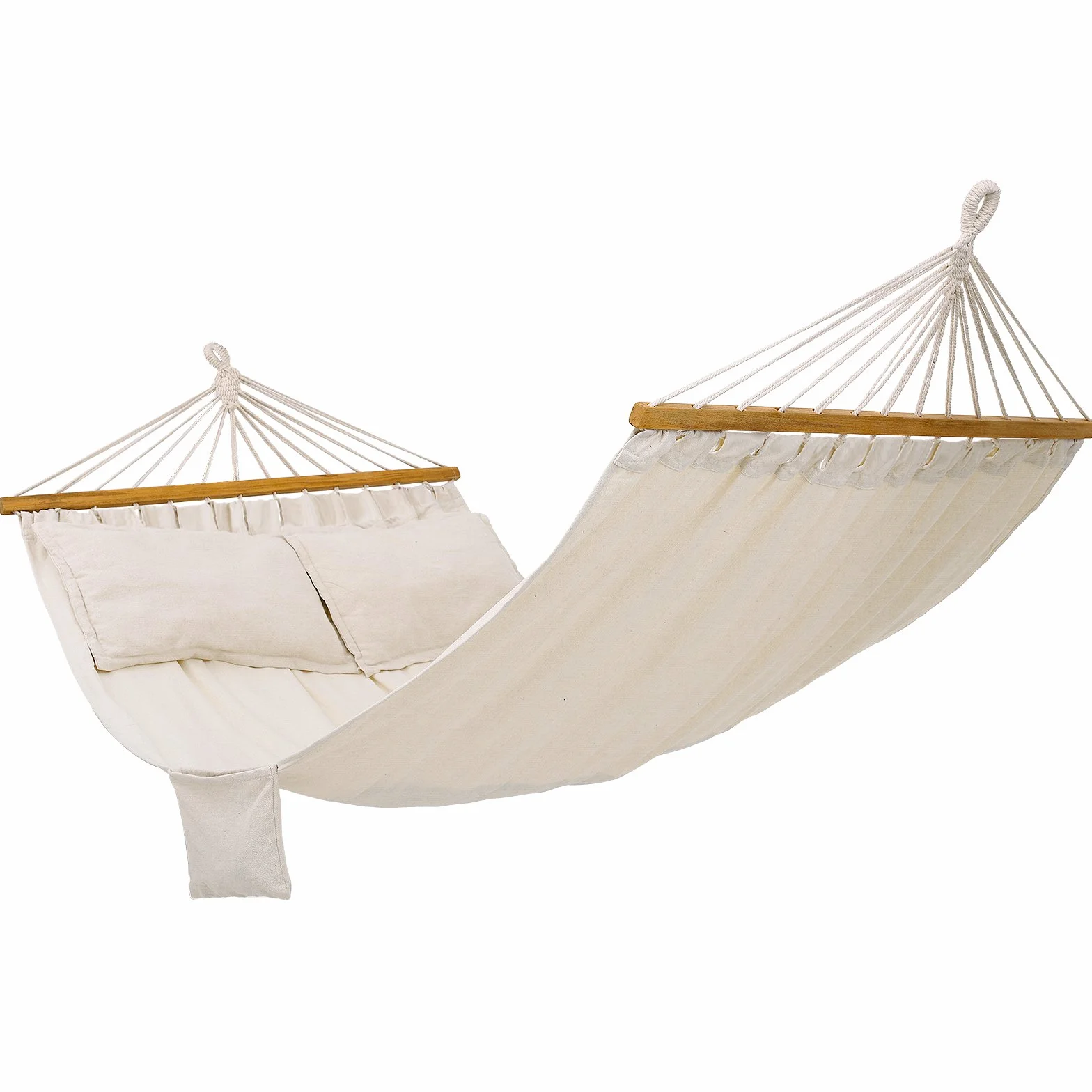 SONGMICS Podwójny hamak z 2 poduszkami, łóżko huśtawkowe, odpowiedni dla 2 osób, 70% bawełna, 210 x 150 cm, nośność 300 kg, beżowy GDC22M