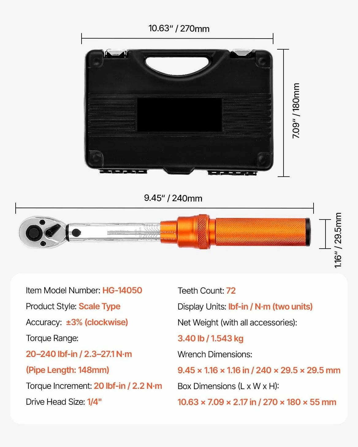 Klucze dynamometryczne Zestaw kluczy dynamometrycznych Click 20–240 lbf-in Napęd 1/4 cala, dwukierunkowe i dwuzakresowe, 72 zęby Telescopic Ratchet