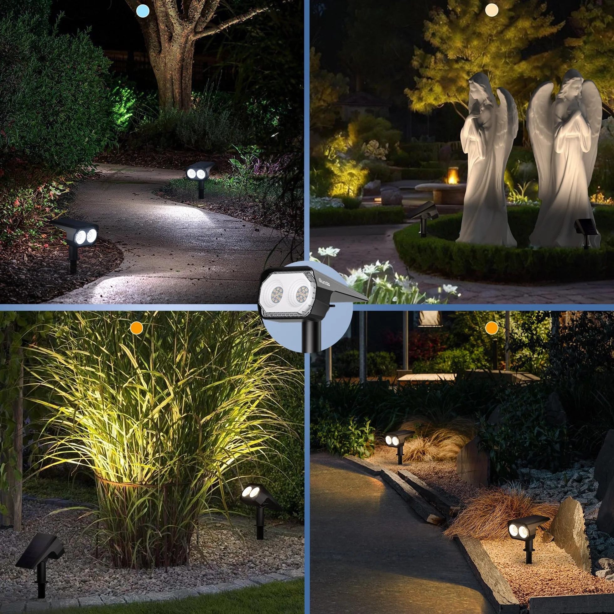 Zestaw 4 reflektorów zewnętrznych LED Quntis 26LEDs, wodoodporne zewnętrzne oświetlenie słoneczne IP65 z 3 kolorami i 6 trybami, kabel ładujący USB C, zewnętrzny reflektor słoneczny