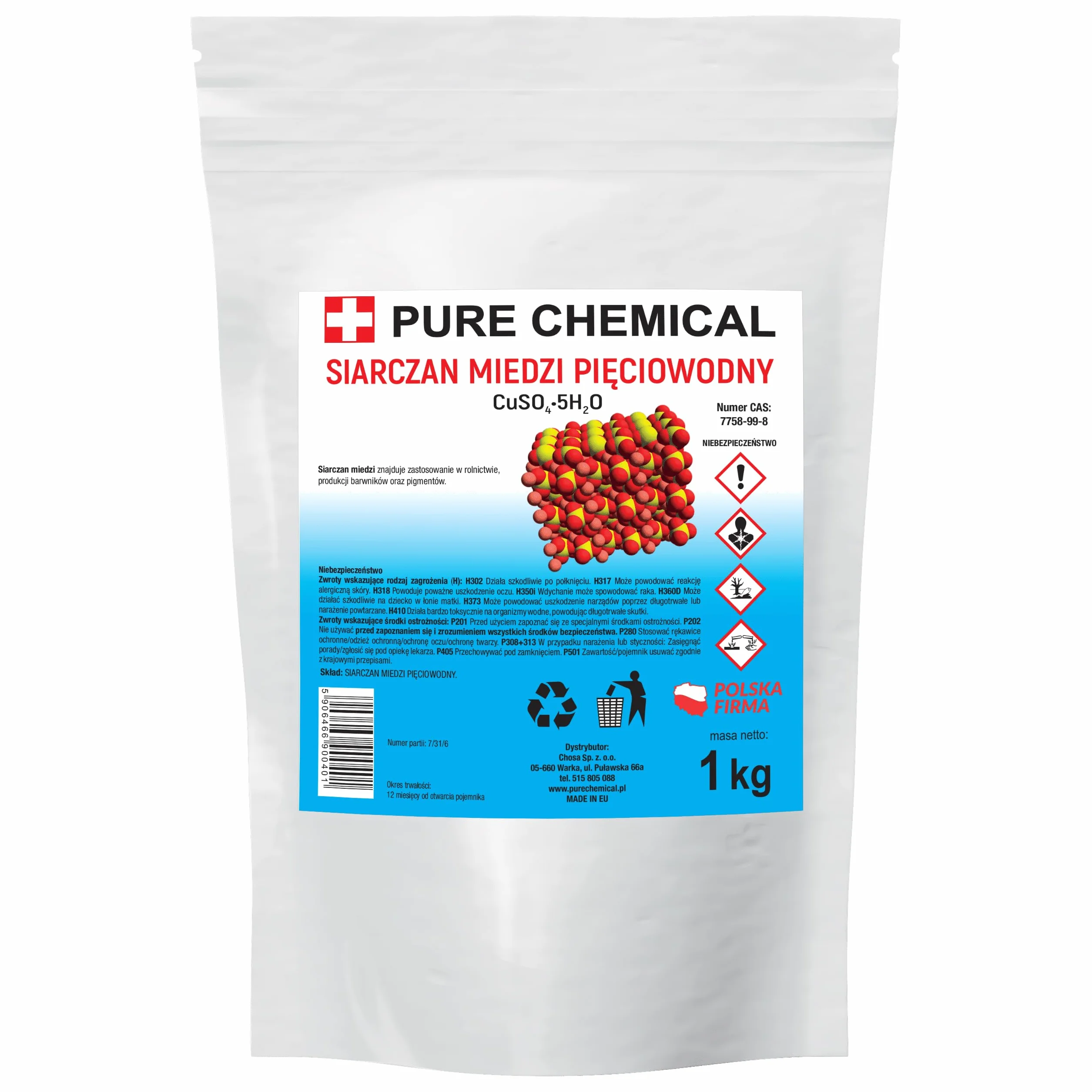 PURE CHEMICAL Siarczan miedzi – czysty pięciowodny proszek siarczanu miedzi – rolnictwo i ogrodnictwo, zwalczanie glonów, środek grzybobójczy 0,5kg