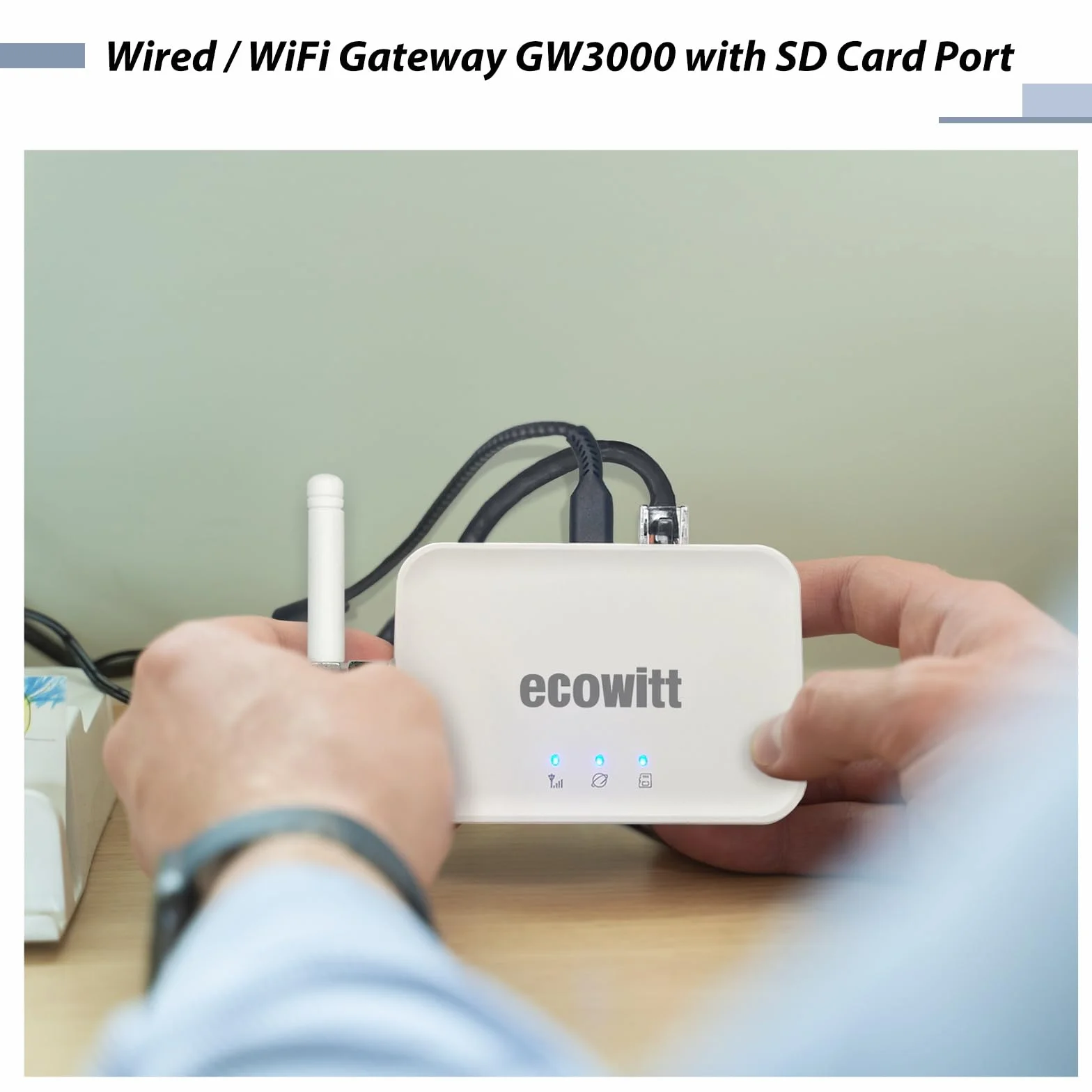 Ecowitt Bramka WIFI/Kablówka GW3000 dla stacji pogodowych z zewnętrznym czujnikiem, wbudowanym czujnikiem wewnętrznym 3w1: barometr/termometr/higrometr, domowy asystent pogodowy z łączem kart SD
