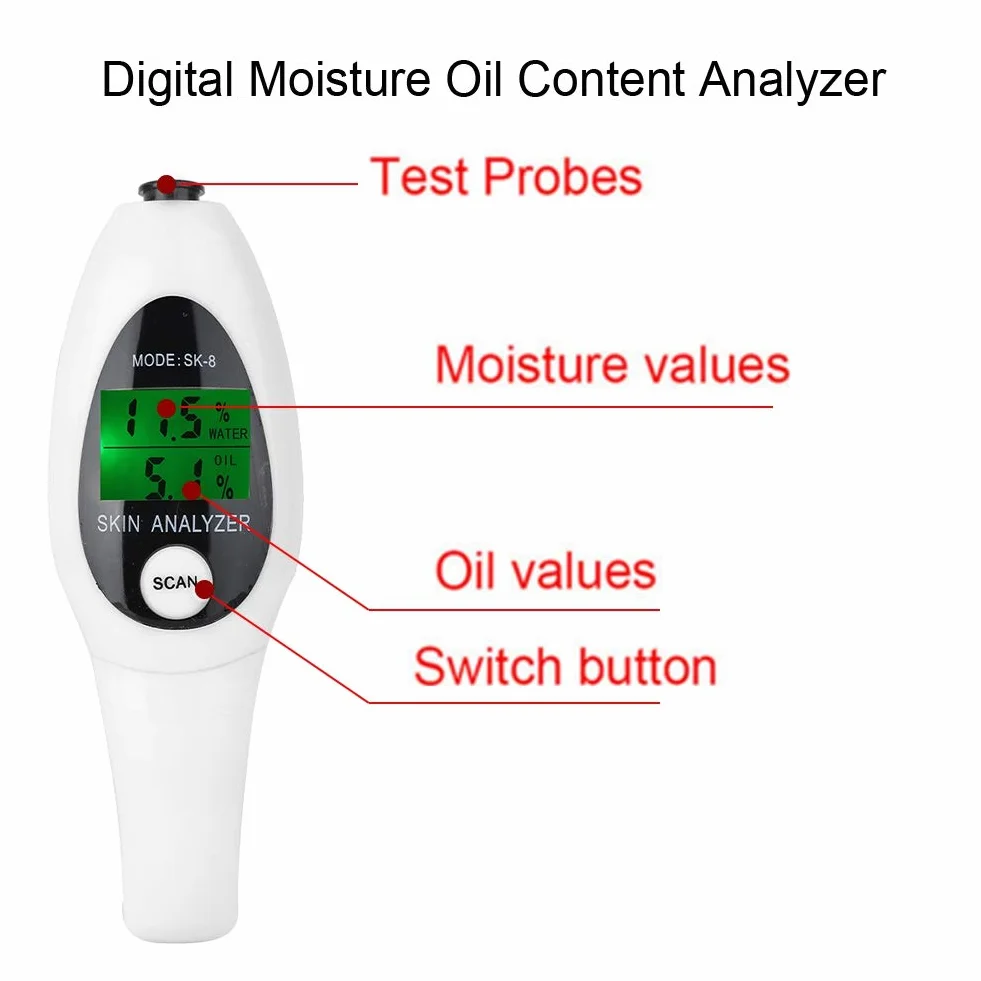 Analizator skóry z cyfrowymi wyświetlaczami LCD, analizator skóry Monitor wilgotności skóry do pielęgnacji skóry, wysoce wrażliwy tester skóry twarzy Cyfrowe urządzenie pomiarowe do salonu (biały)