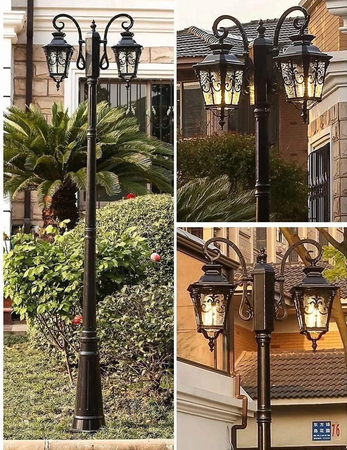 Lampy Solarne Na Słupku, Zewnętrzne Lampy Ogrodowe, 2-Punktowe, Wiktoriańskie, Zewnętrzne, Vintage, Uliczne, Amerykańskie, Wille Mieszkalne, Krajobraz, Zewnętrzny, W,Black