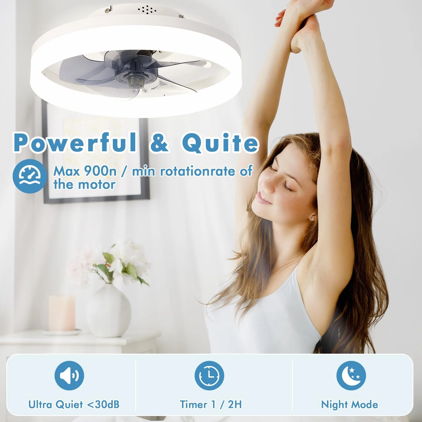 Wentylator sufitowy 40 cm z oświetleniem LED, 6 prędkości, odwracany, pilot, aplikacja
