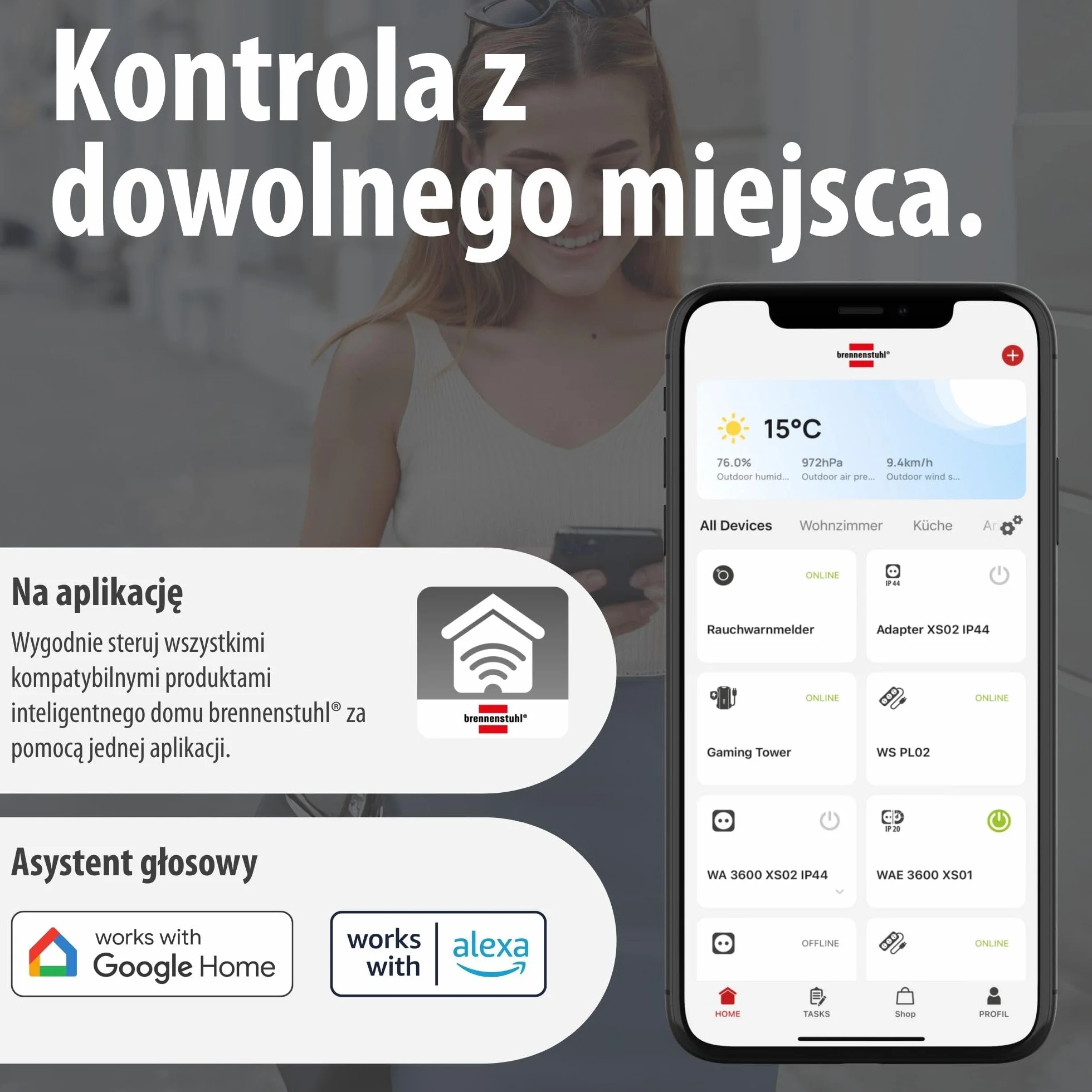 Brennenstuhl Connect WiFi LED Reflektor WF 2051 P (24W, 2800lm, IP54, różne funkcje świetlne regulowane za pomocą aplikacji, reflektor zewnętrzny do montażu na ścianie z czujnikiem ruchu)