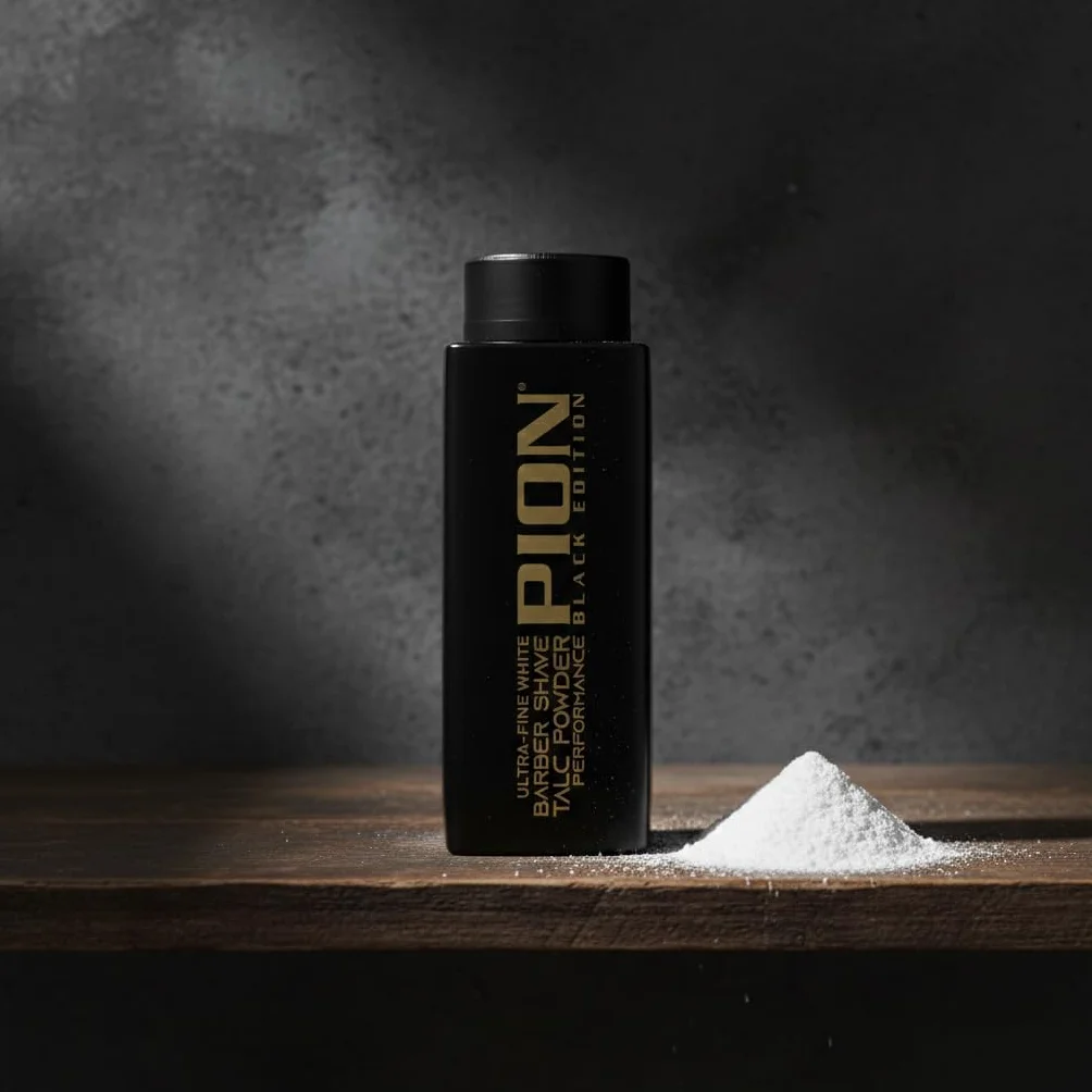 Pion Barber Shave Talc Powder Black Edition – ultra delikatny biały proszek zapewniający delikatne golenie, 180 g