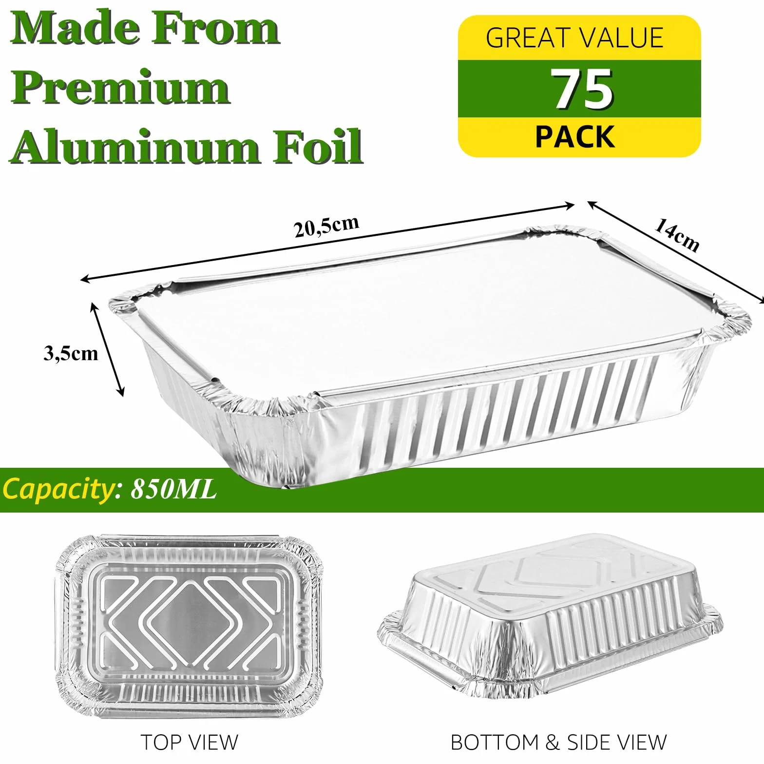 SENENQU Zestaw 75 misek aluminiowych z pokrywką 850 ml – jednorazowe miski z folii aluminiowej z pokrywką do pieczenia, smażenia, gotowania, małych pojemników – 21 x 14 cm