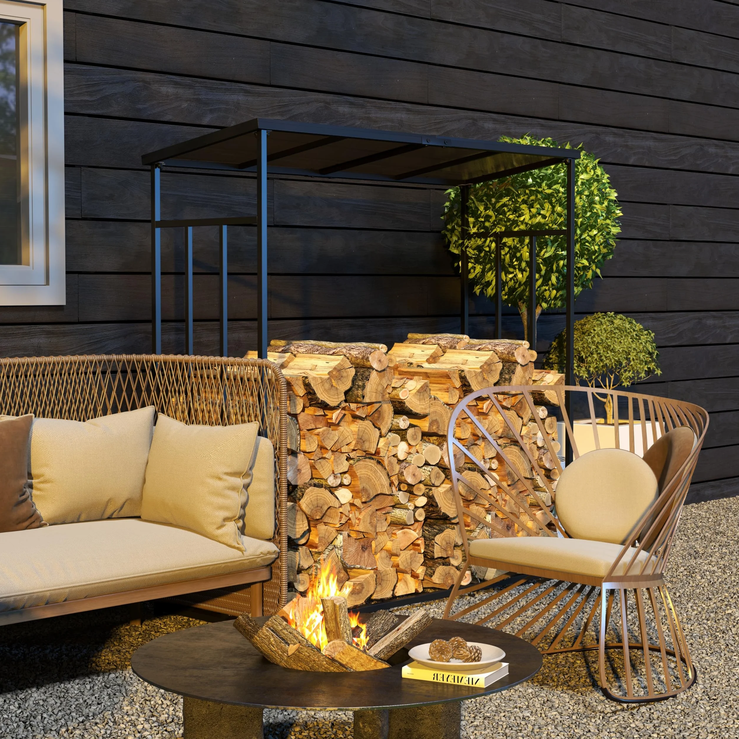 Outsunny Regał na drewno kominkowe z dachem, 185 x 67 x 185 cm, stojak na drewno opałowe, stojak na drewno opałowe, na balkon, do ogrodu, metal, czarny