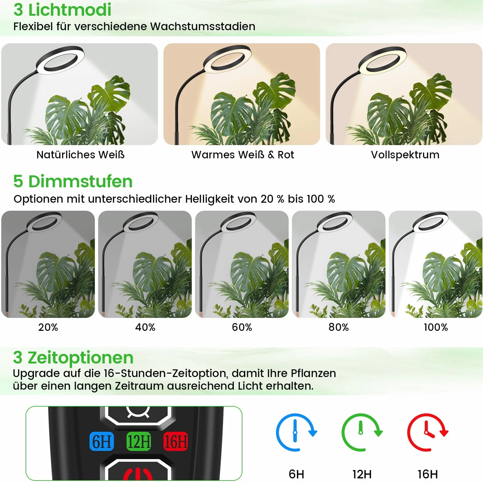 Dhapy Lampa LED do uprawy roślin pokojowych, z podstawką, 80 diod LED, 3 tryby świecenia i 5 jasności, lampa do roślin z timerem 6/12/16H, 58 cm~170 cm, regulacja wysokości