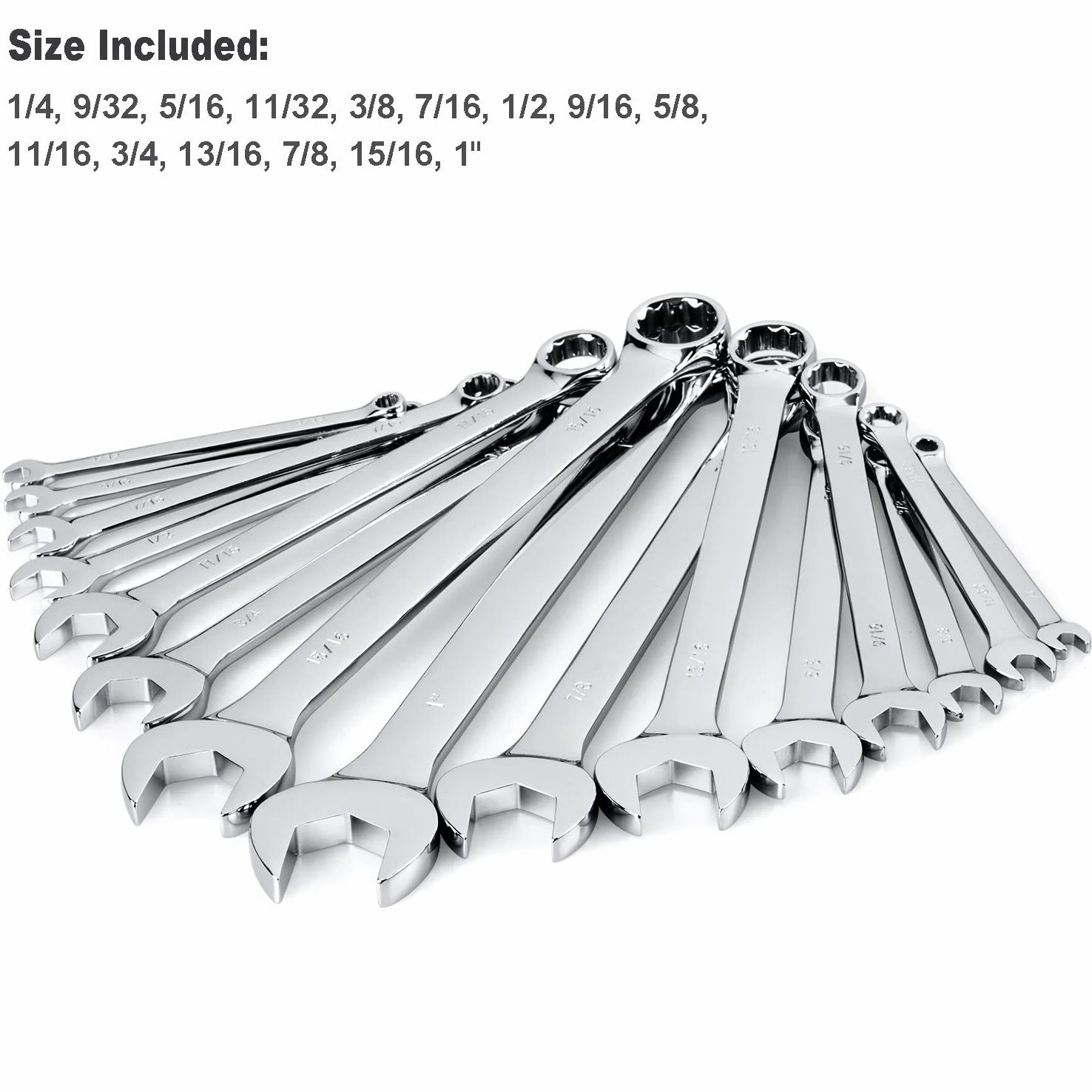 Max Moment obrotowy 15-częściowy zestaw kluczy płasko-oczkowych klasy premium, pełne rozmiary SAE od 1/4" do 2,5 cm z organizerem na stojak, stal chromowo-wanadowa, długi wzór, chromowane wykończenie