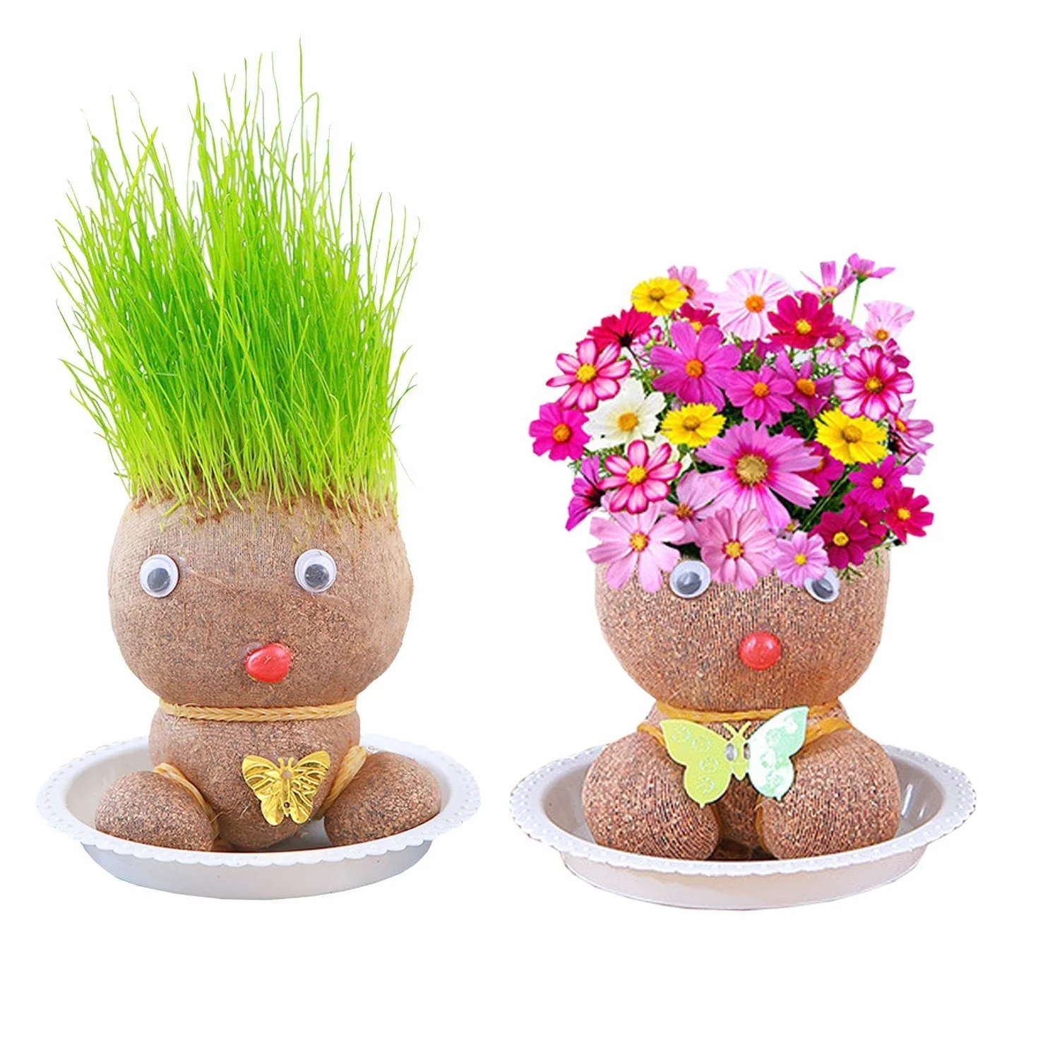 Lalki do uprawy roślin, 2-częściowe tace, głowa kwiatowa, mini lalki z głową trawy bonsai