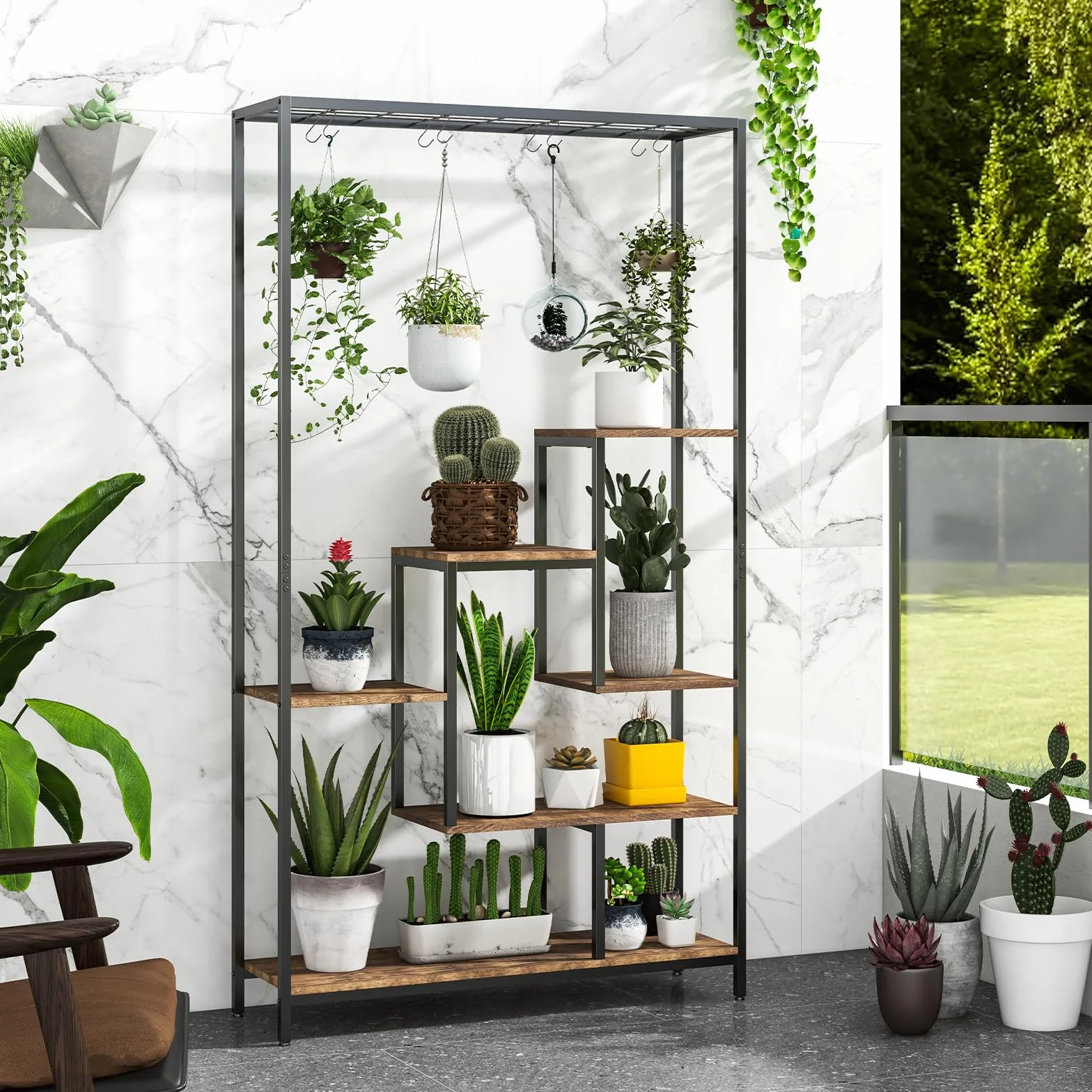 GOPLUS 6-piętrowy stojak na rośliny z wiszącym regałem i 10 hakami 100 x 30 x 180 cm