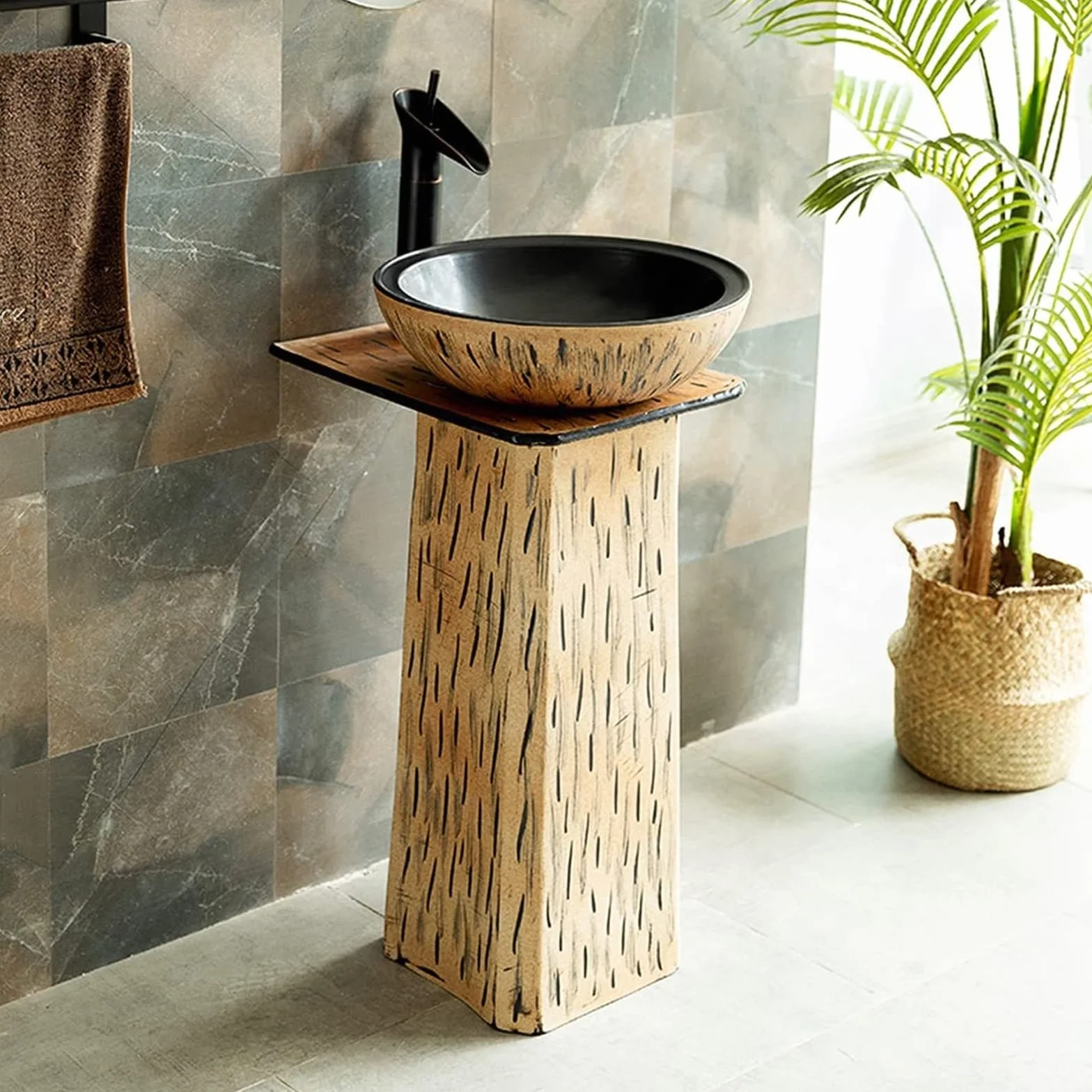 Ceramiczna umywalka łazienkowa, ceramiczna umywalka stojąca, ręcznie robiona umywalka kolumnowa w stylu industrialnym z kranem i korkiem (umywalka stojąca + bateria kombinowana)