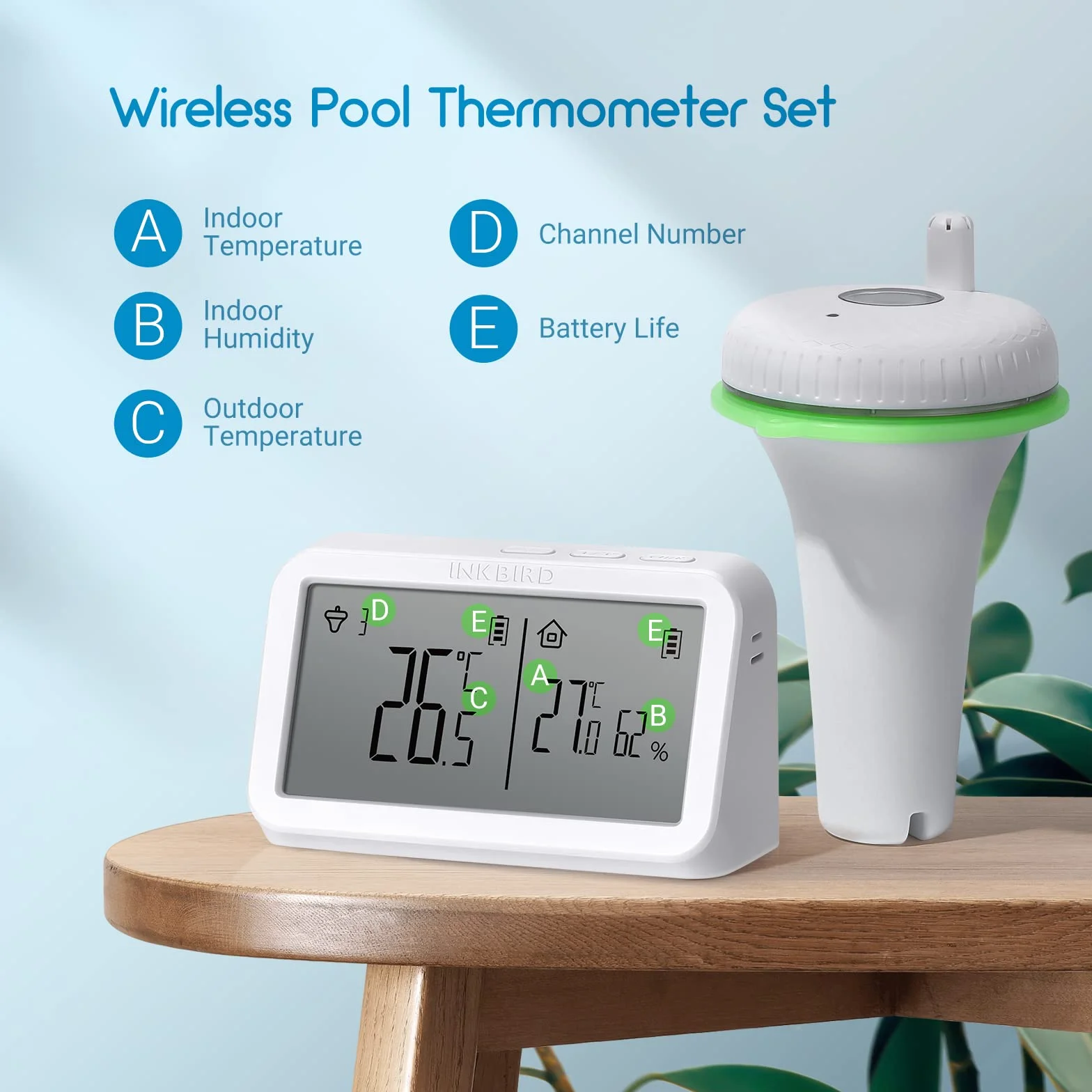 INKBIRD IBS-P02R Bezprzewodowy termometr do basenu z monitorem temperatury i wilgotności, duży ekran