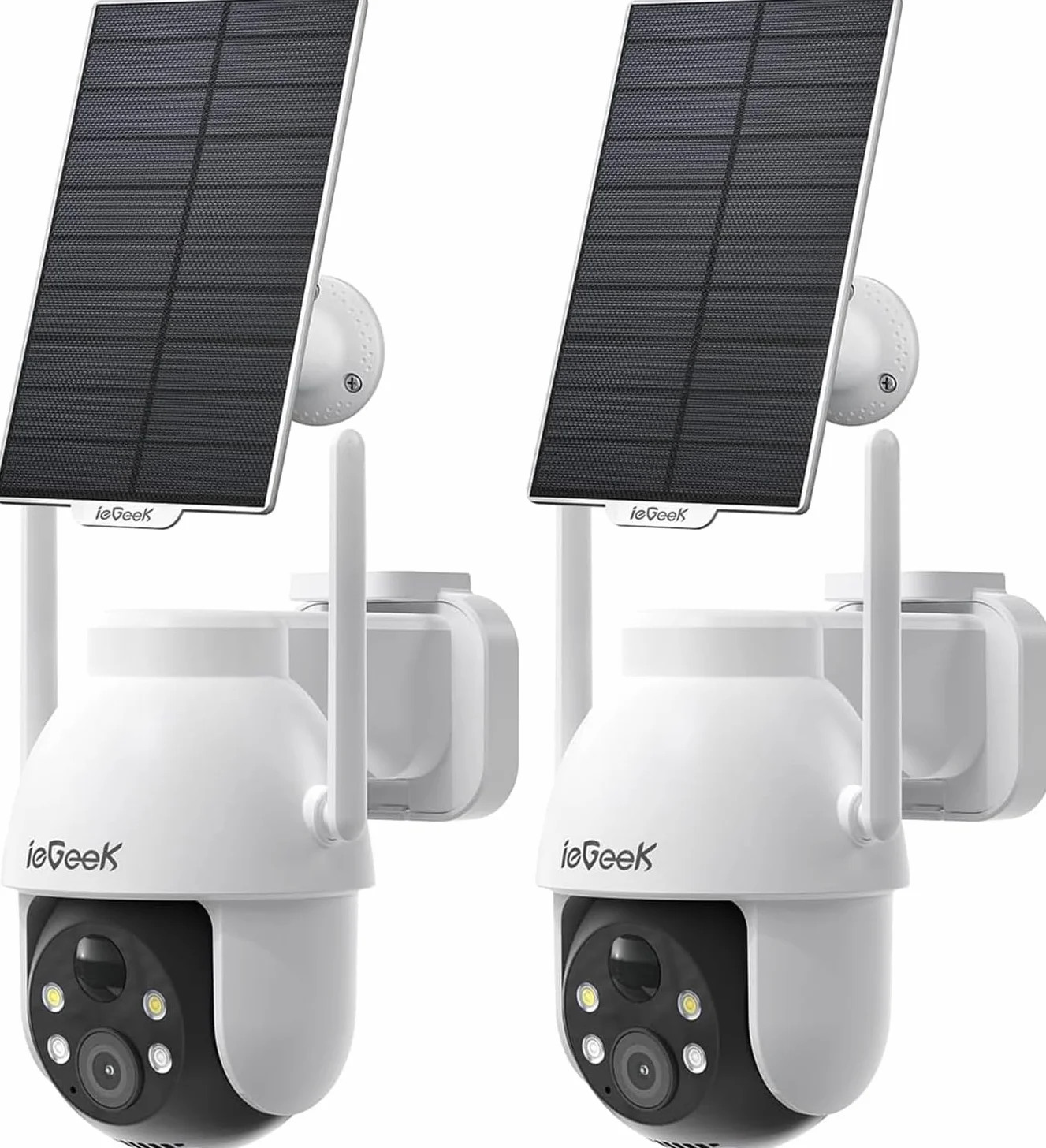 ieGeek 2 x kamera monitoringowa 2K 3 MP, zewnętrzna kamera solarna, 360° PTZ, zewnętrzny akumulator, 2,4 GHz, bezprzewodowa kamera do monitoringu z czujnikiem ruchu PIR, kolorowy noktowizor, audio