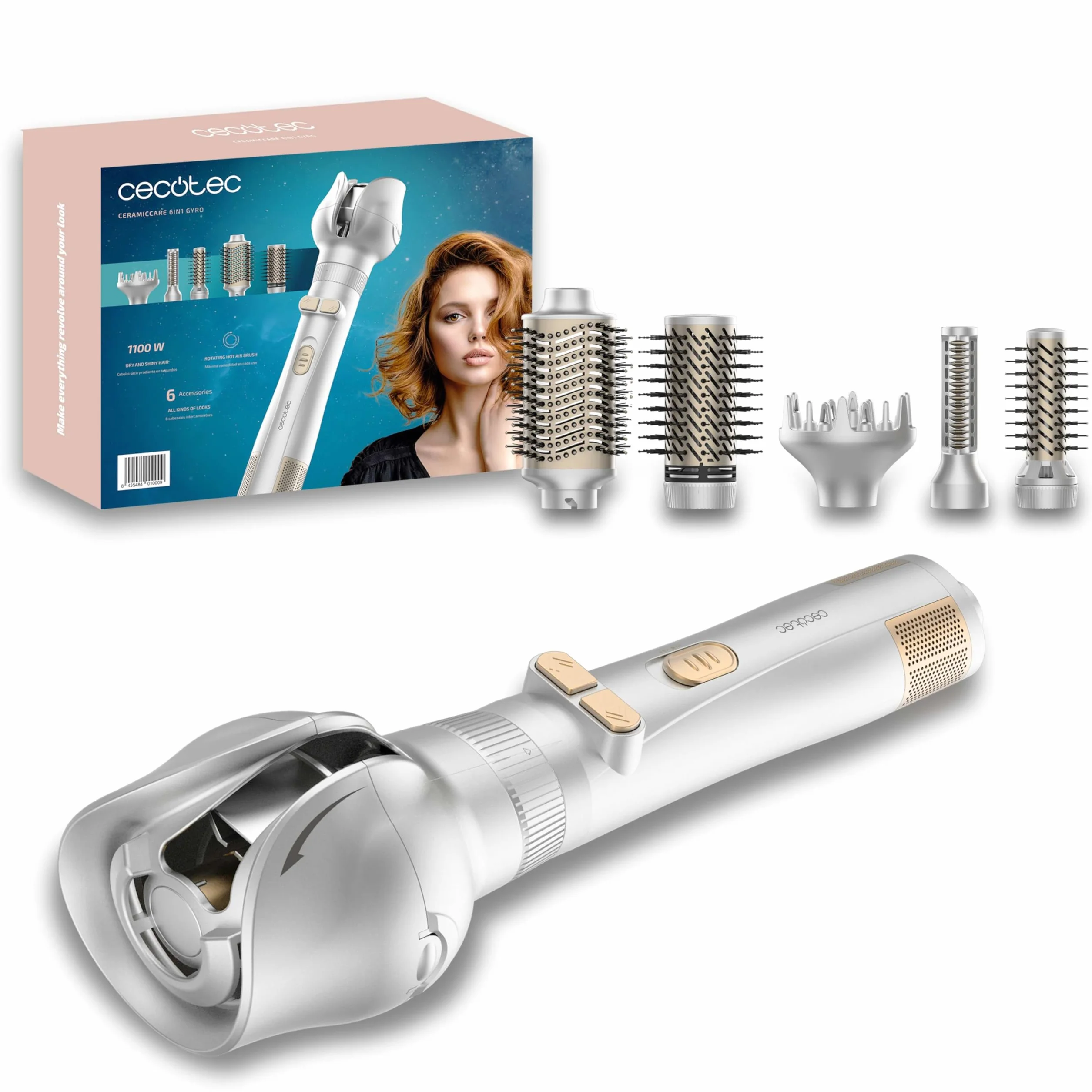 Cecotec CeramicCare 6in1 Gyro obrotowa szczotka dmuchawa. Suszarka do włosów 1100 W, żyroskop obrotowy, 6 wymiennych głowic, zwijana głowica, kabel obrotowy 360°, powłoka ceramiczna anty-Frisottis