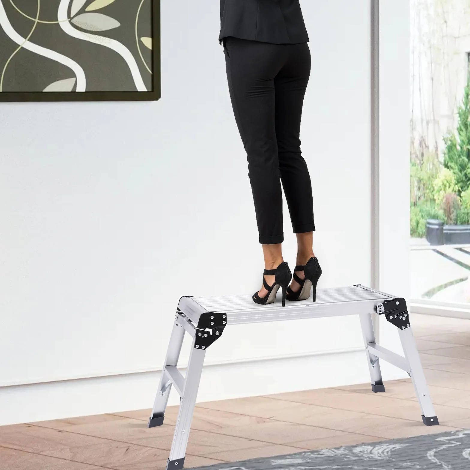 Składana drabina aluminiowa – obciążenie 150 kg, antypoślizgowa i składana, taboret roboczy do samochodu, mycia okien, gospodarstwa domowego, dekoracji i na kemping, 108 x 41 x 50 cm