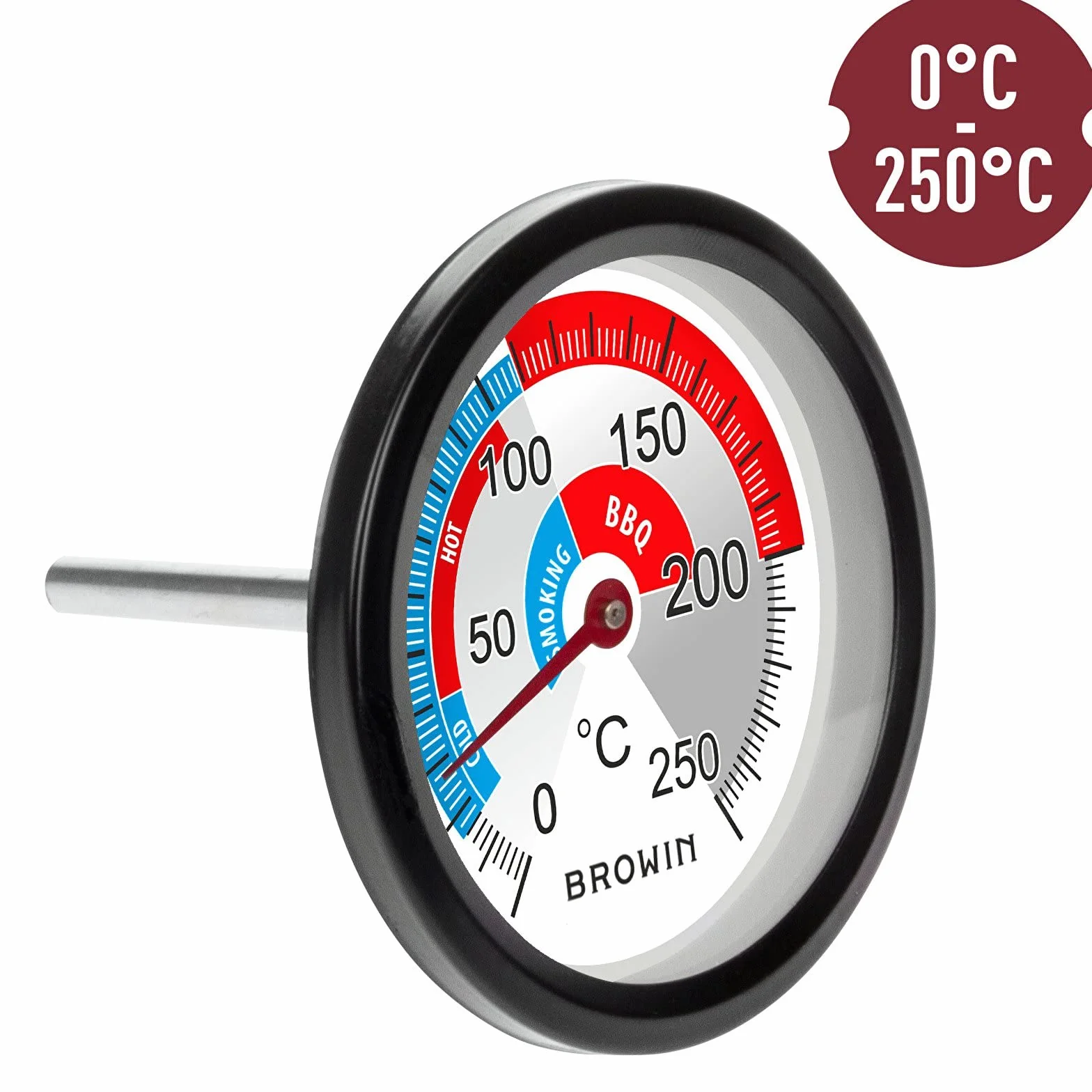 Browin 102200 termometr do komory wędzarniczej BBQ, zakres pomiarowy od 0° do +250°C, analogowy termometr do komory wędzarniczej i grilla, stal nierdzewna