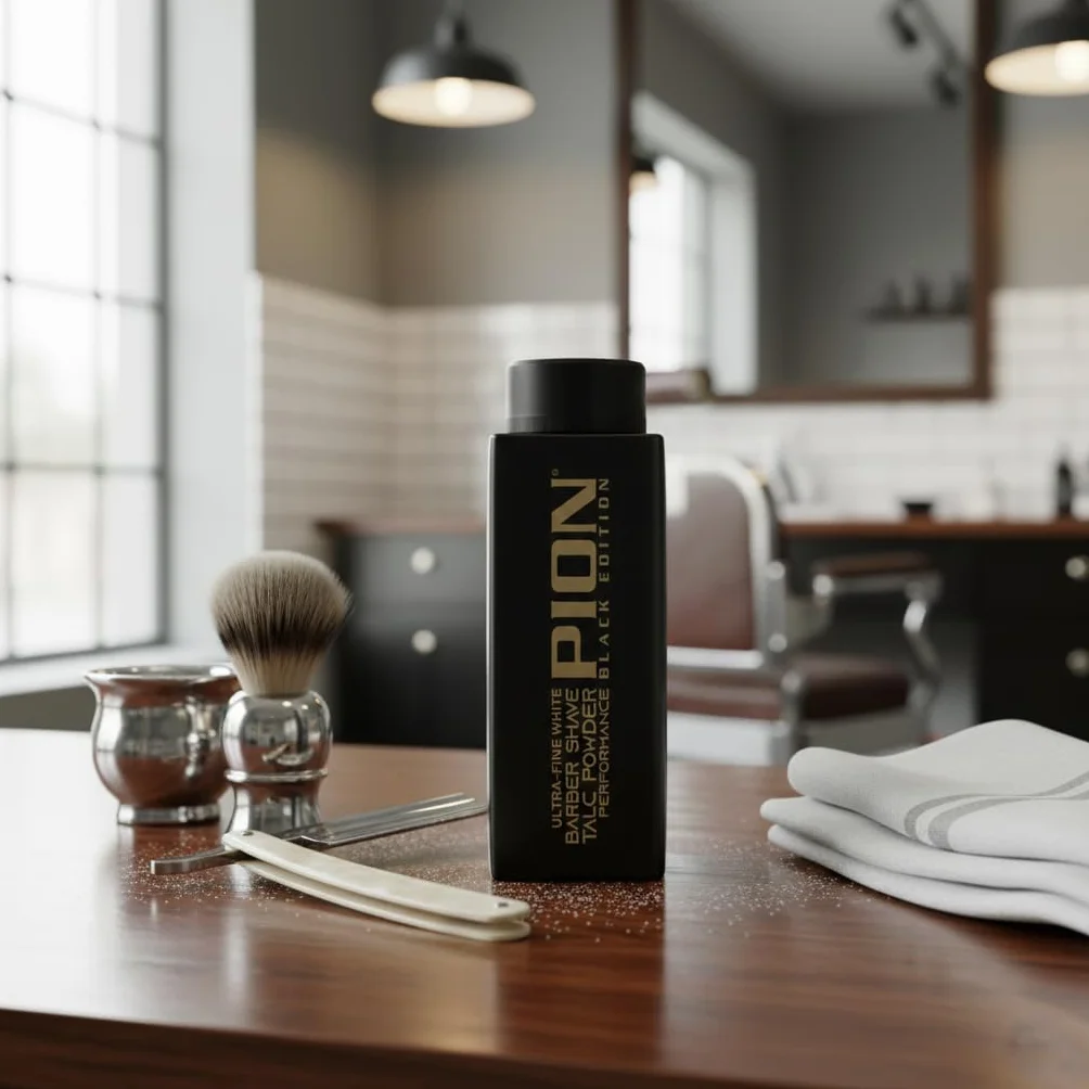 Pion Barber Shave Talc Powder Black Edition – ultra delikatny biały proszek zapewniający delikatne golenie, 180 g