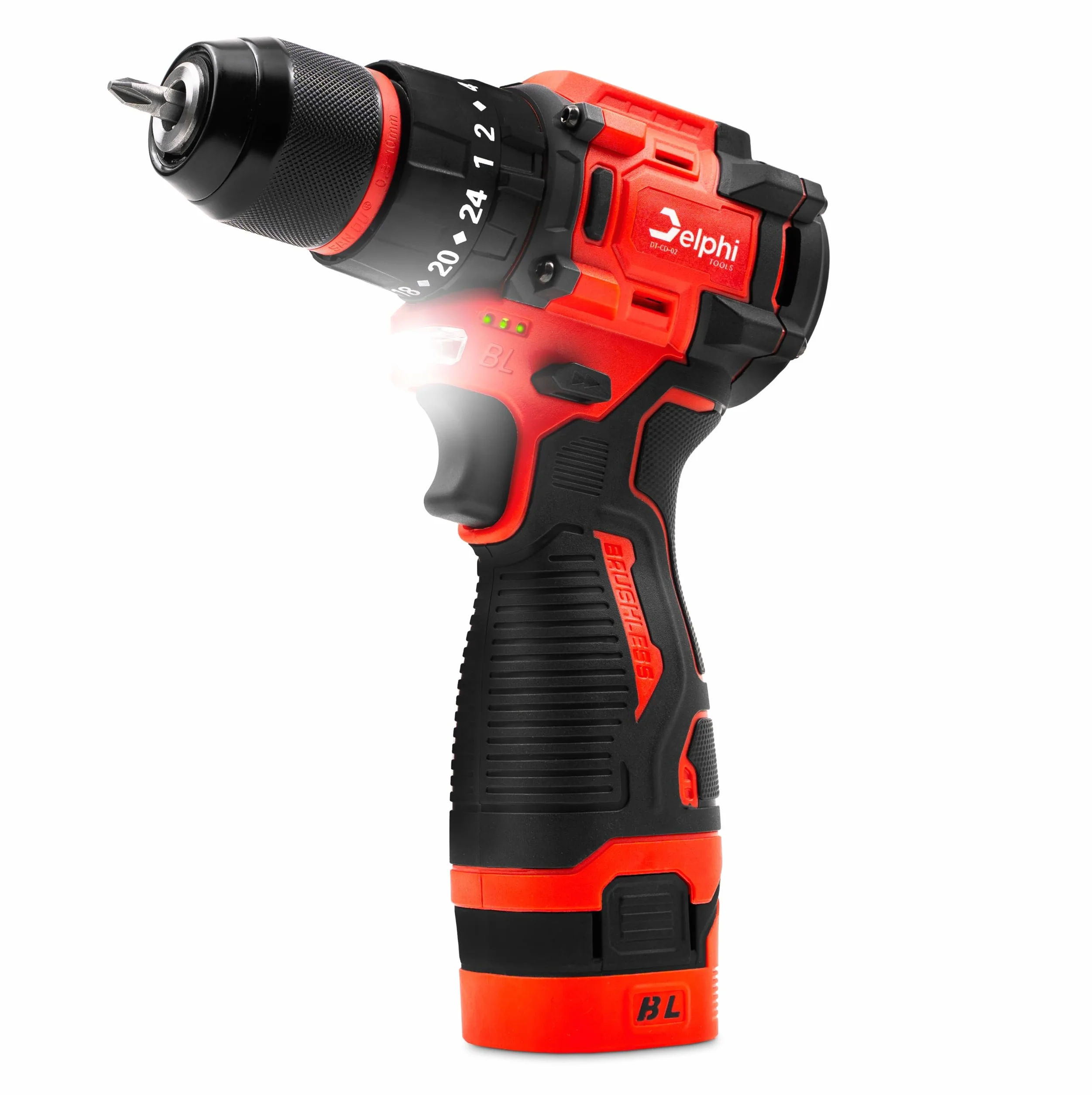 Delphi akumulatorowa wkrętarka akumulatorowa 16,8 V, z 2 bateriami 1500 mAh, światło LED, 50 Nm, 24 stopnie momentu obrotowego, zestaw bitów do drewna, metalu i betonu