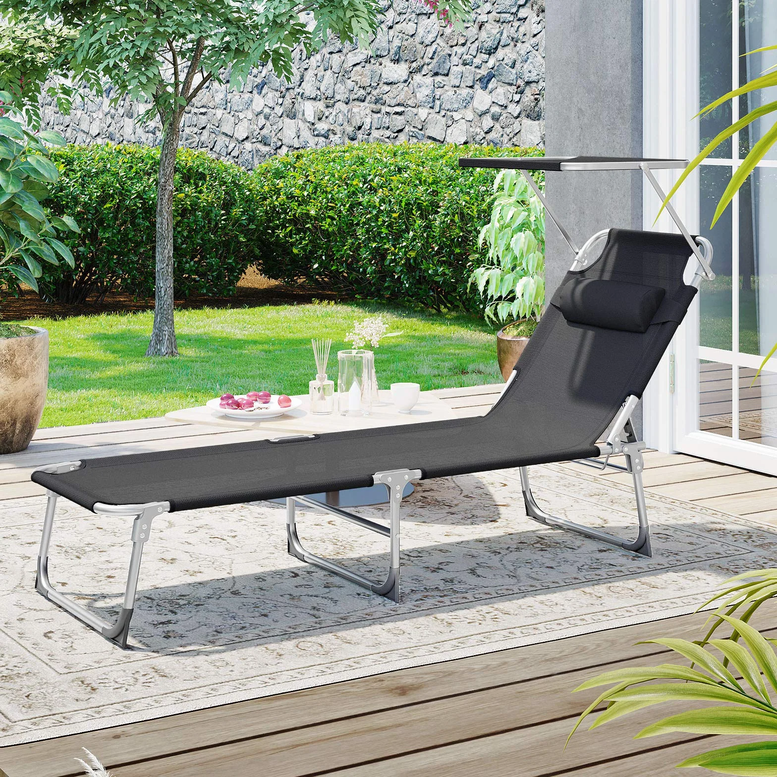 SONGMICS Leżak do opalania, leżak relaksacyjny z zagłówkiem, oparciem i parasolem, odchylany, lekki, składany, 53 x 193 x 29,5 cm, obciążenie 150 kg, do ogrodu, czarny GCB192B01