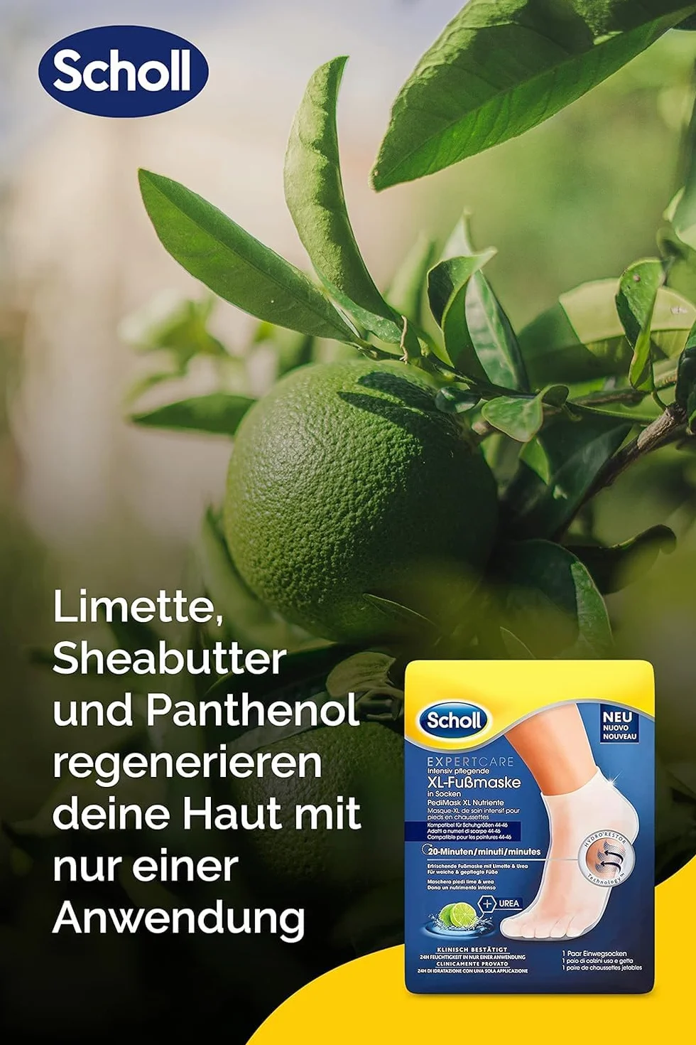 Scholl EC intensywnie pielęgnująca maska do stóp LimetteundUrea Bundle – nawilżająca pielęgnacja – 6 x 1 para jednorazowych skarpet.