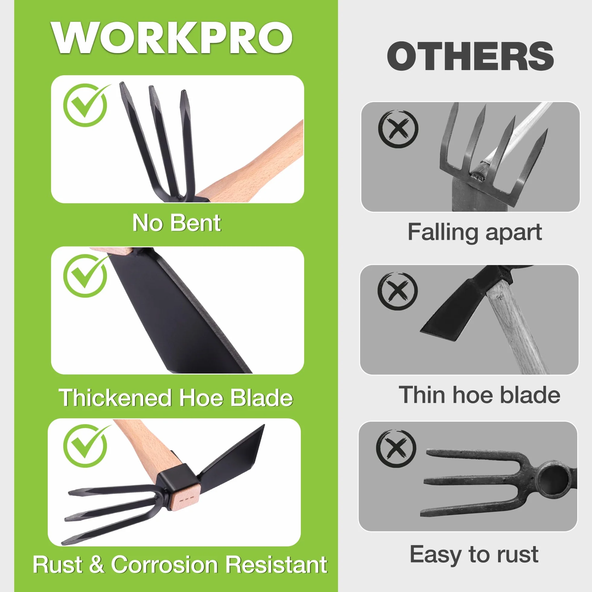 WORKPRO Motyka i kultywator grabie ogrodowe z drewnianym uchwytem 35 cm, ostrym ostrzem motyki i wytrzymałym 3 pazurami, 2 w 1, wytrzymałe narzędzia ręczne do kopania, spulchniania gleby, pielenia
