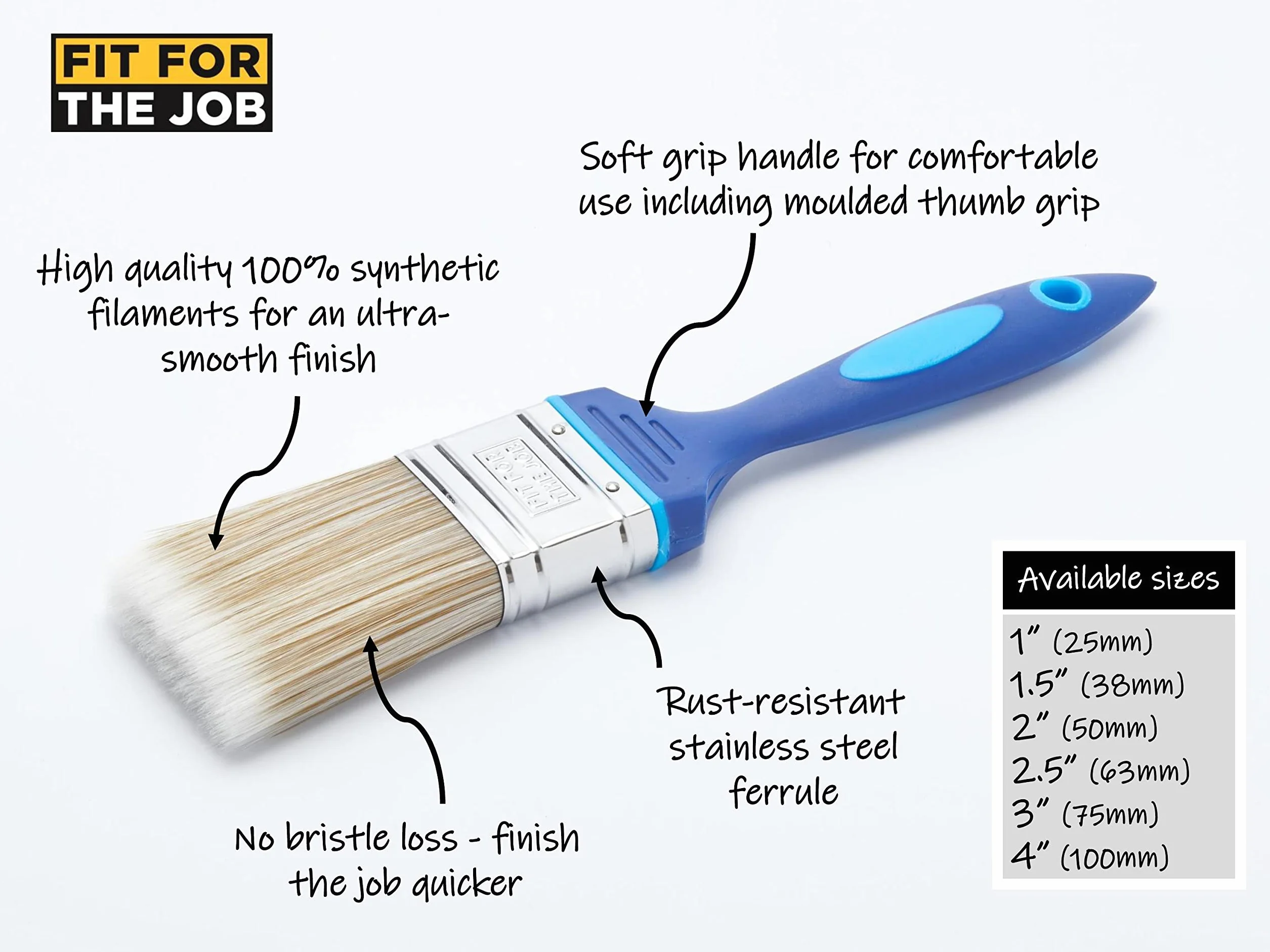 Fit For The Job 2-calowy, nie liniejący pędzel DIY do gładkiego wykończenia lakieru farbami emulsyjnymi, błyszczącymi i satynowymi 2" 50 mm