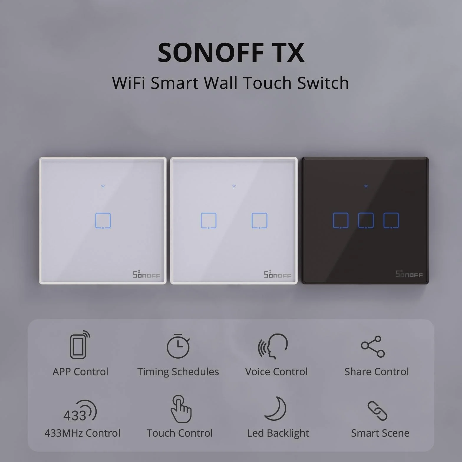 SONOFF T2EU2C-TX dotykowy włącznik światła naściennego WiFi, bezprzewodowy sterownik ścienny RF RF, przełącznik 2-kanałowy do inteligentnych rozwiązań automatyki domowej