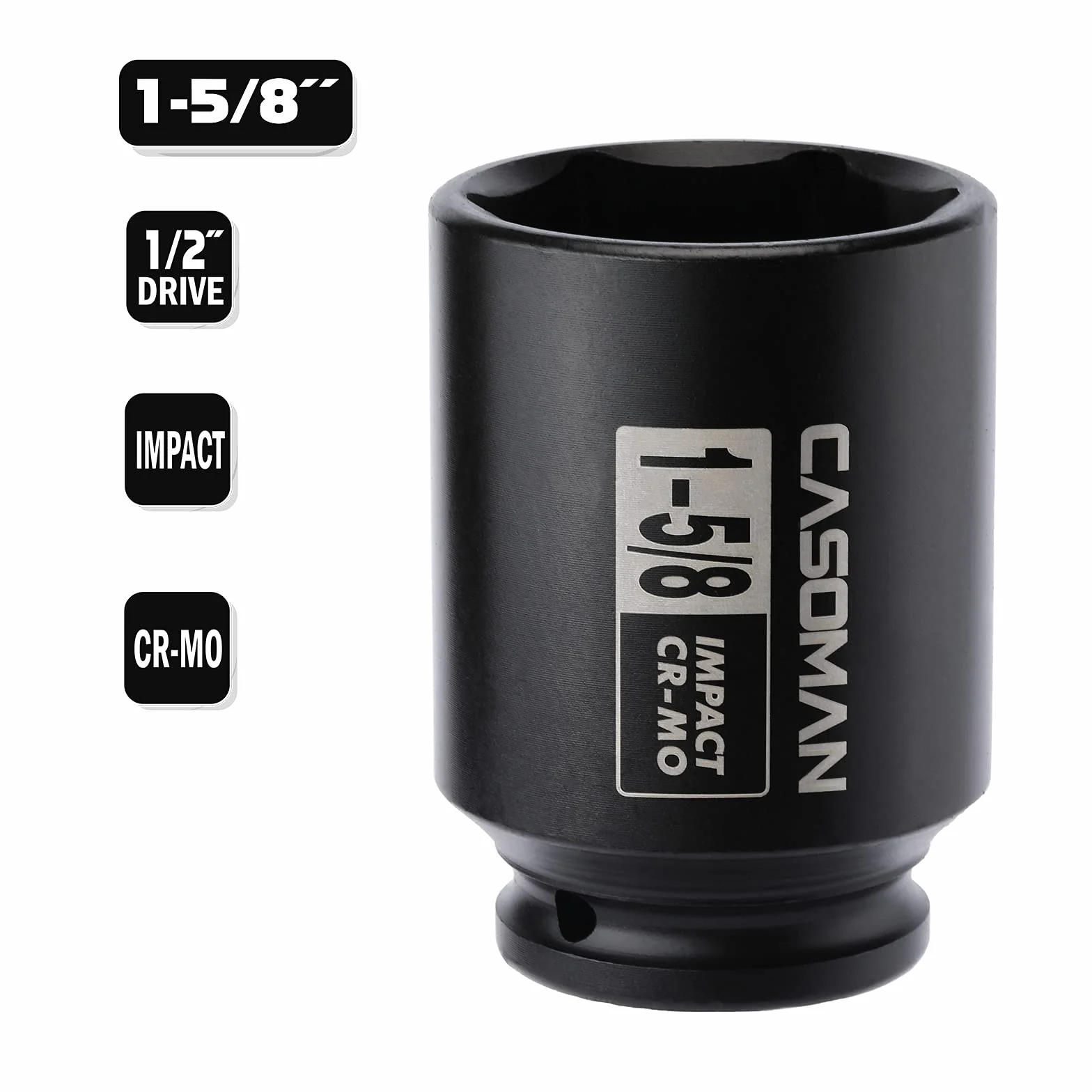 CASOMAN 6-punktowe gniazdo udarowe 1/2-calowe - 1-5/20.3 cm (SAE), CR-MO, napęd 1/5.1 cm 6-punktowa nasadka nakrętki osi do łatwego demontażu nakrętek wału osi (1-5/20.3 cm)