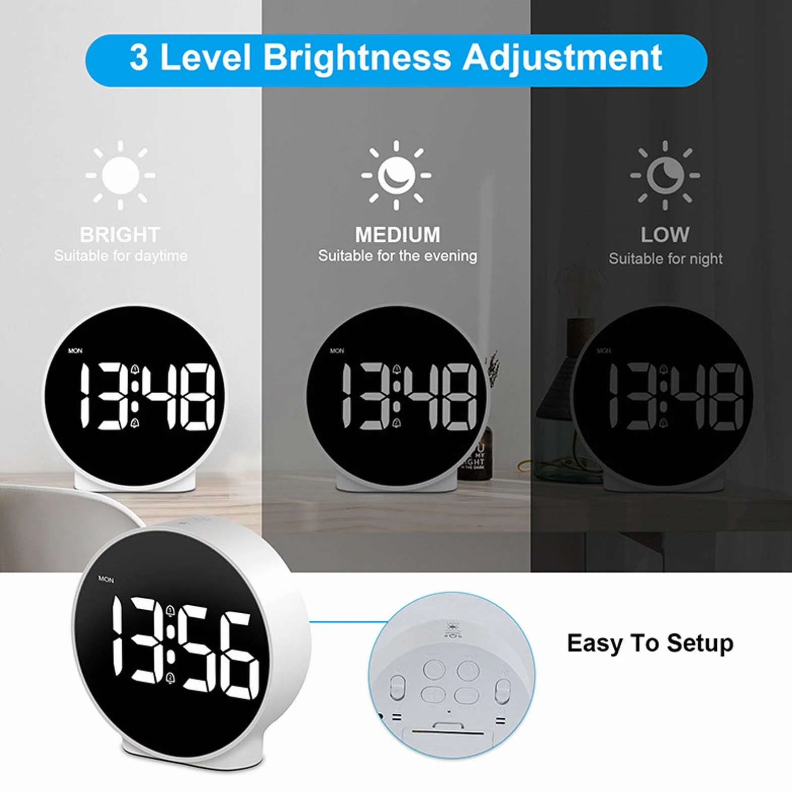 Cyfrowy budzik do sypialni, 10,2 cm, kreatywny budzik LED z dwoma alarmami, funkcja drzemki, 3-stopniowa jasność, ładowarka USB, lampka nocna RGB, okrągły (biała obudowa,