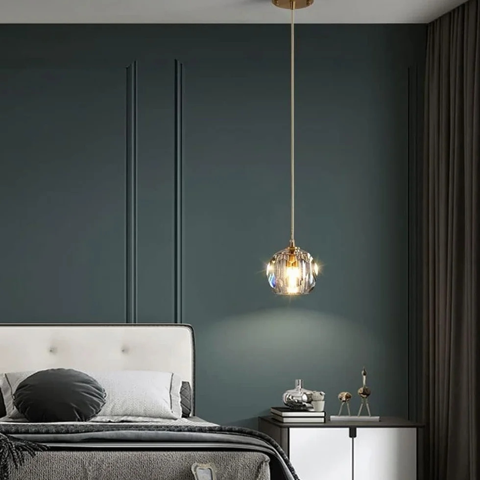 Nowoczesna pojedyncza głowica kryształowa szklana lampa wisząca LED luksusowa lampa wisząca z kutego żelaza długa linia mała lampa wisząca Nordic sypialnia nocna mały żyrandol E27